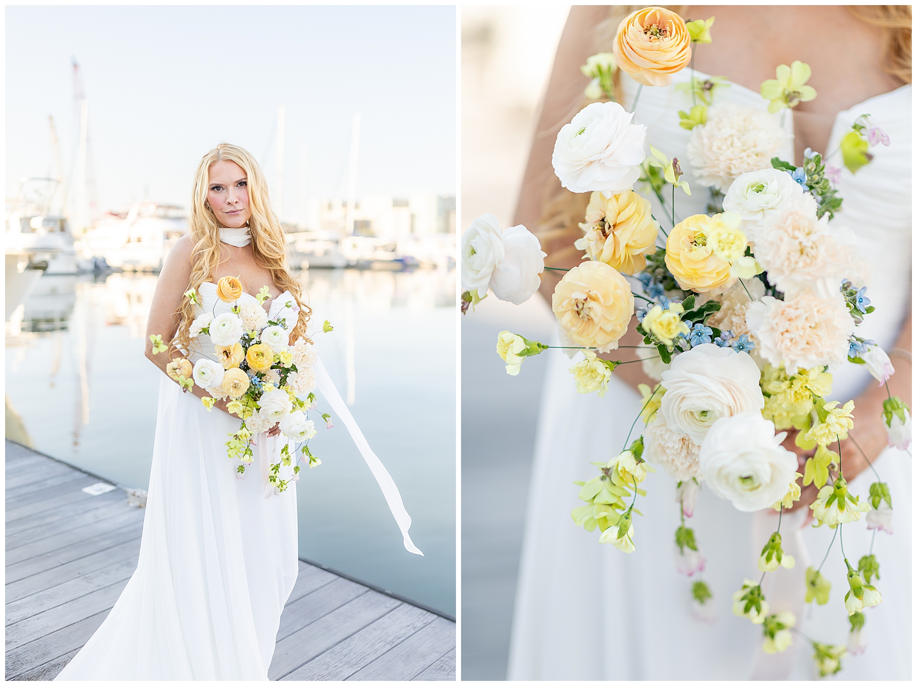 elegant bridal portraits on dock at Charleston Harbor holding soft white and yellow bridal bouquet 