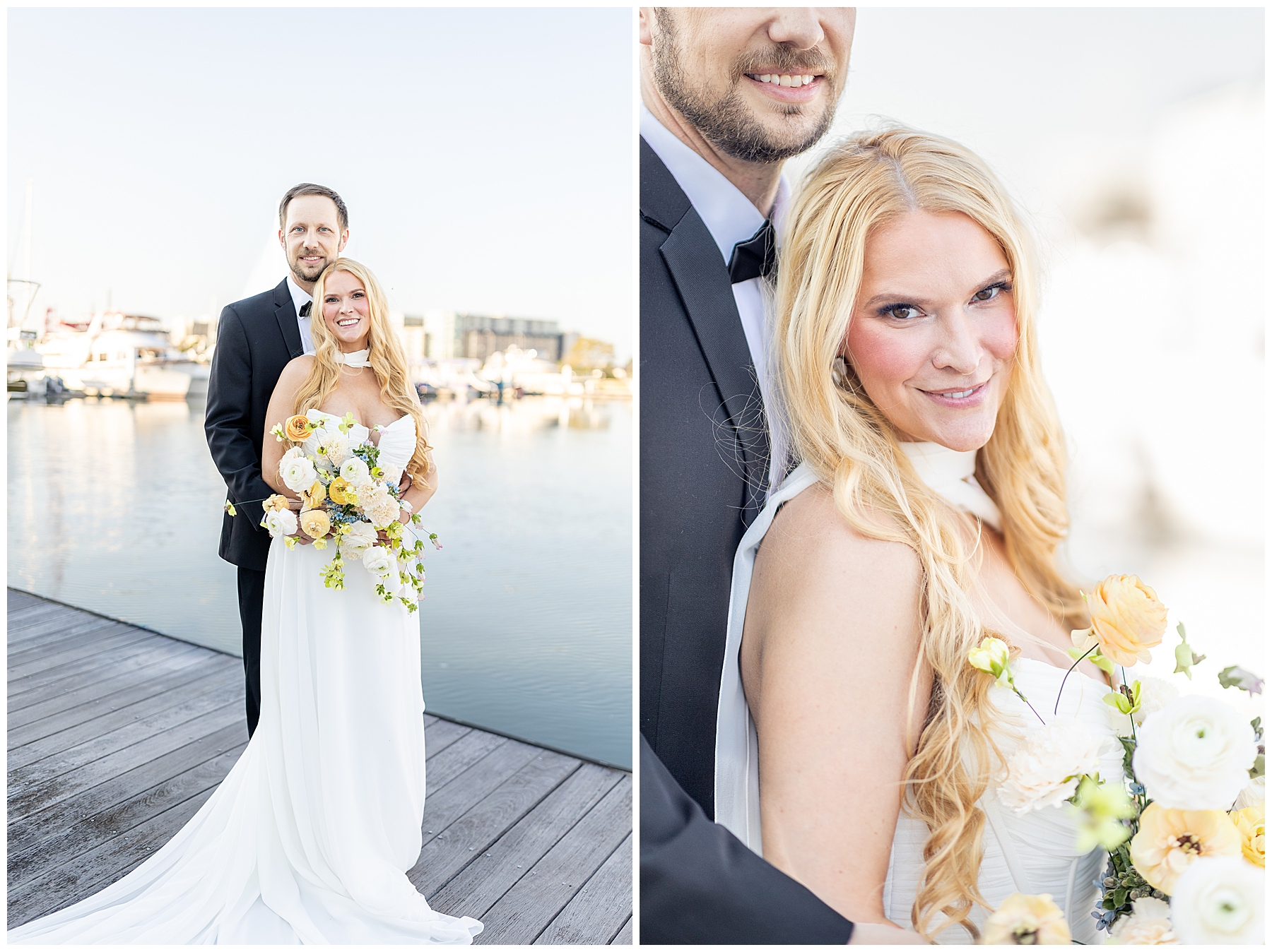 bride and groom stand on the dock in Charleston harbor for wedding portraits 