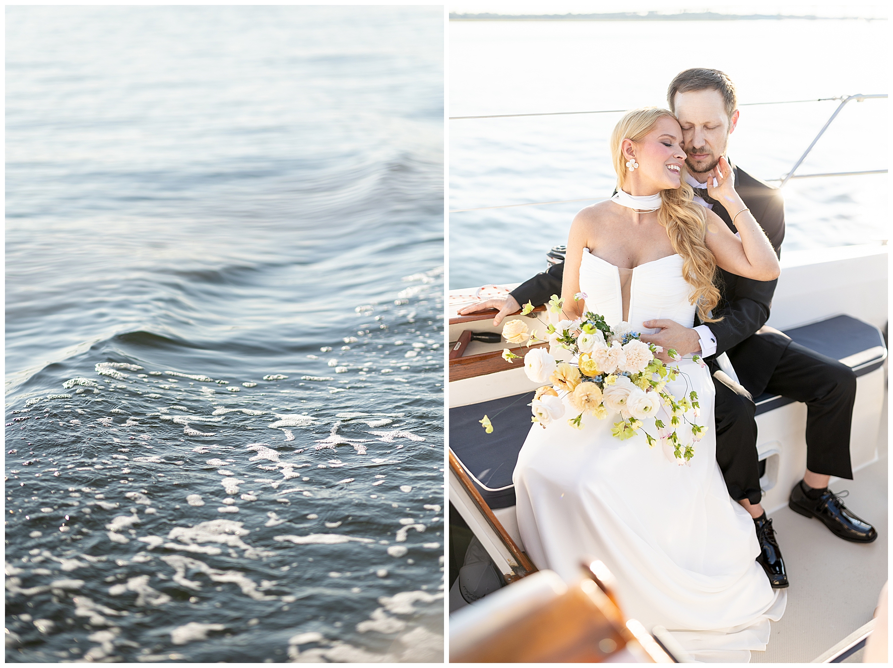 romantic wedding portraits on a sailboat on the water 