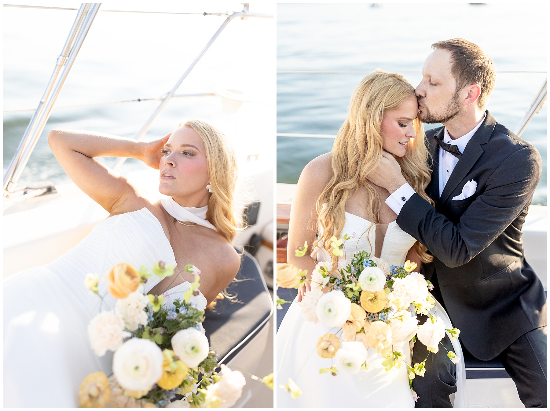 couple sit on sailboat at sunset 