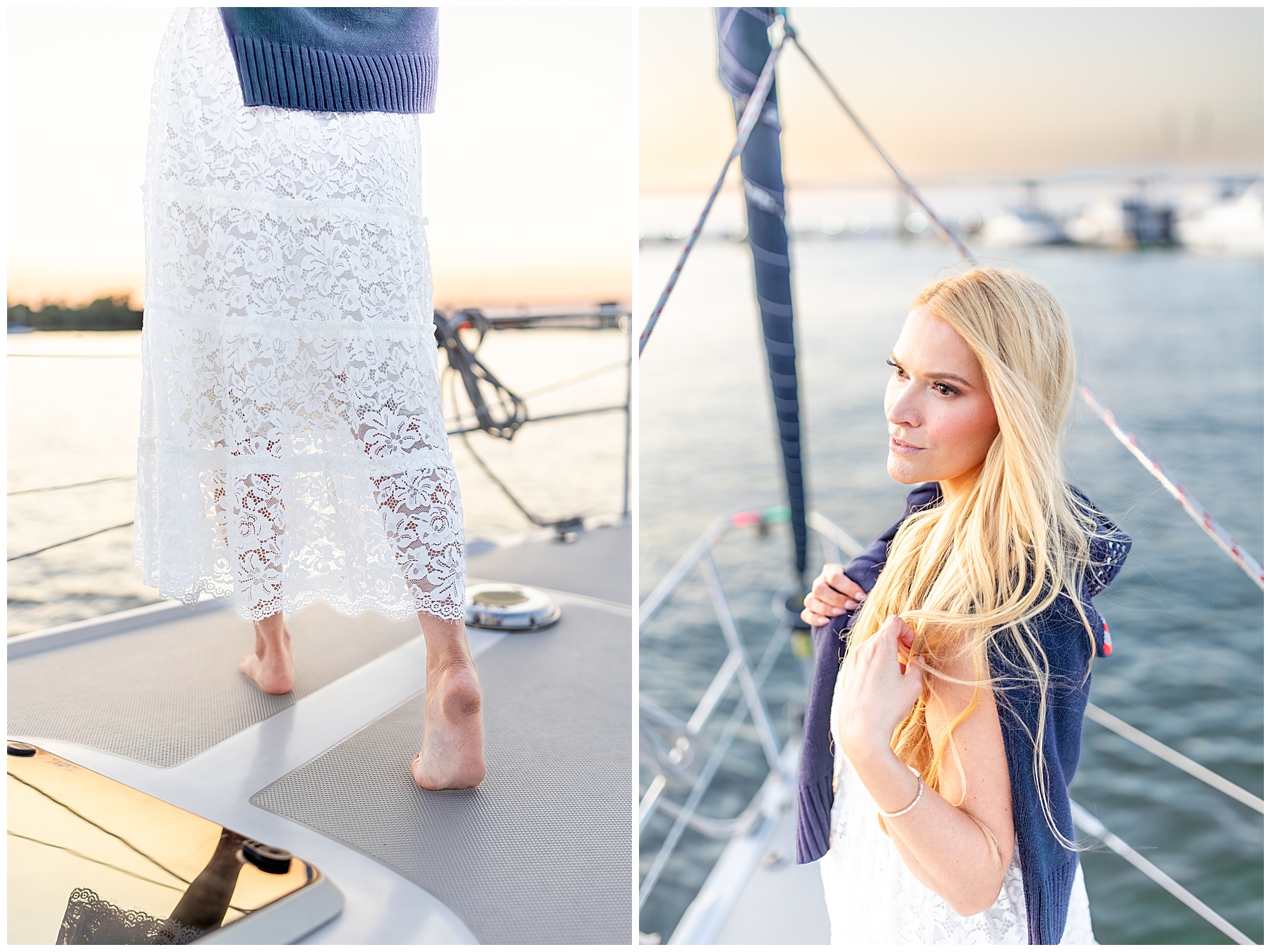 bride on sailboat watching sunset 