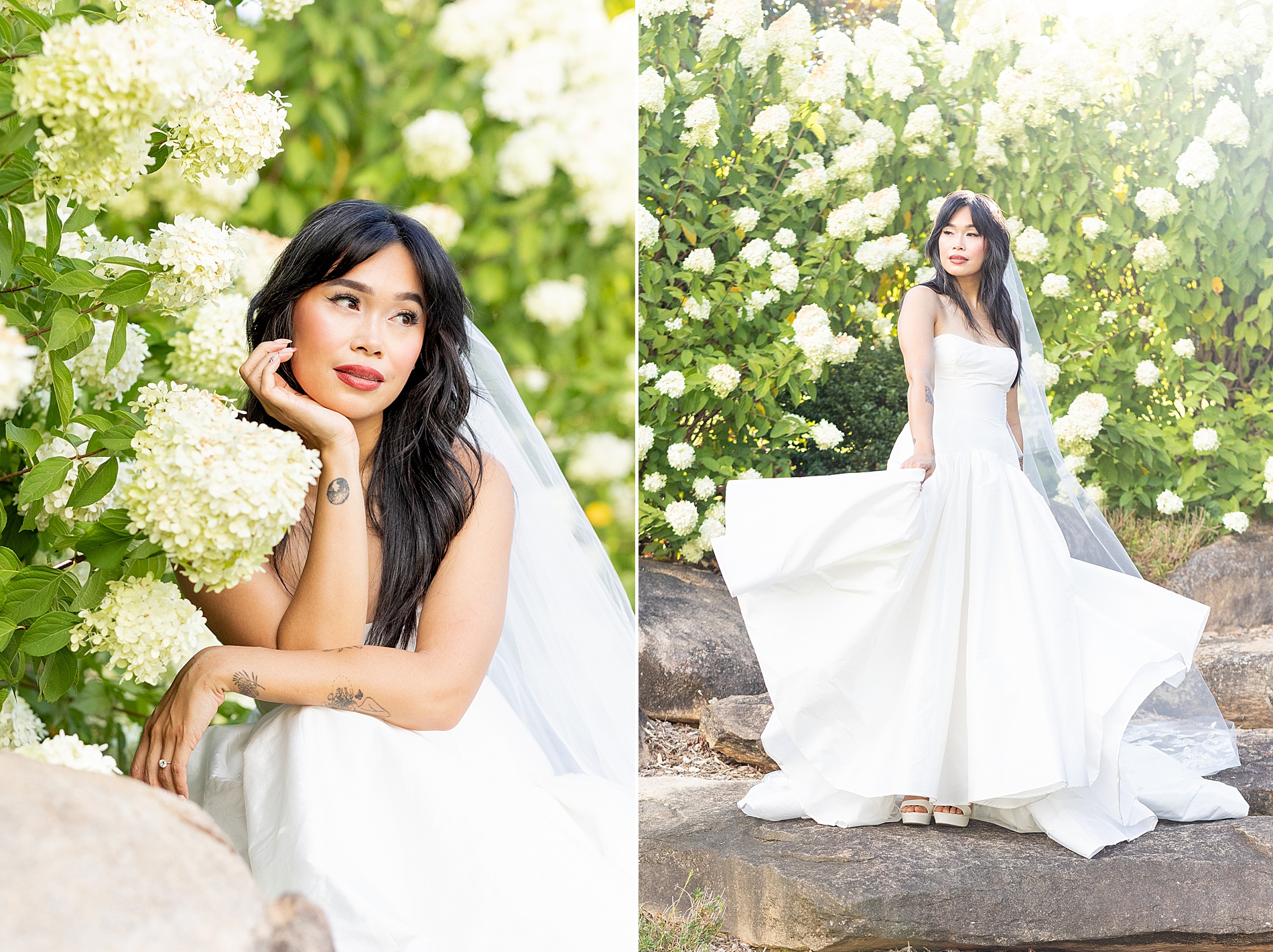 bride on stones by white summer blooms 
