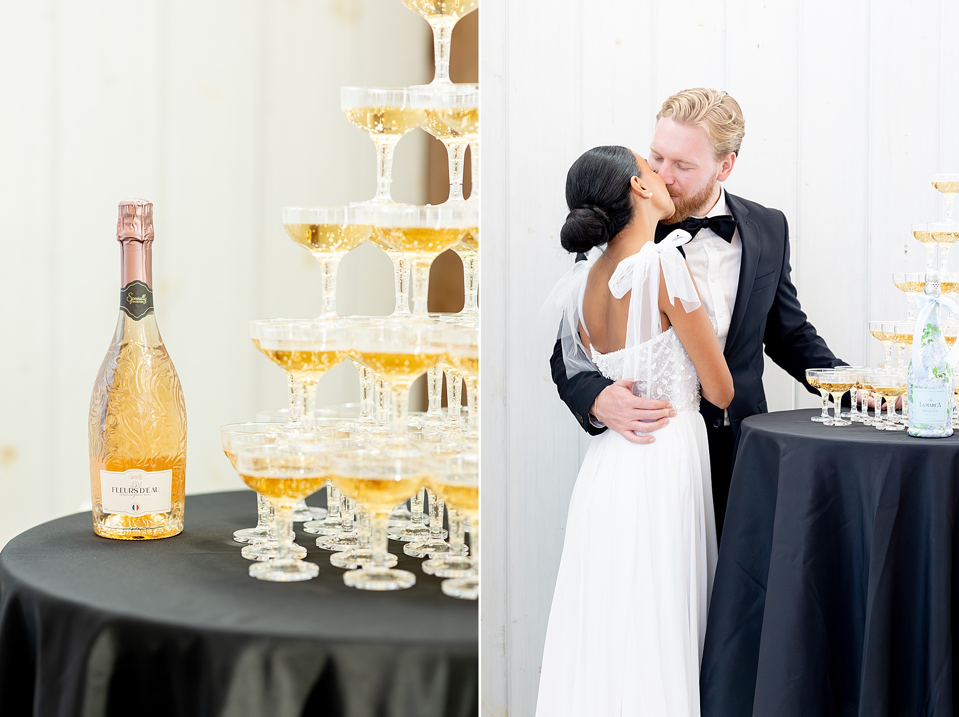bride and groom by champagne tower