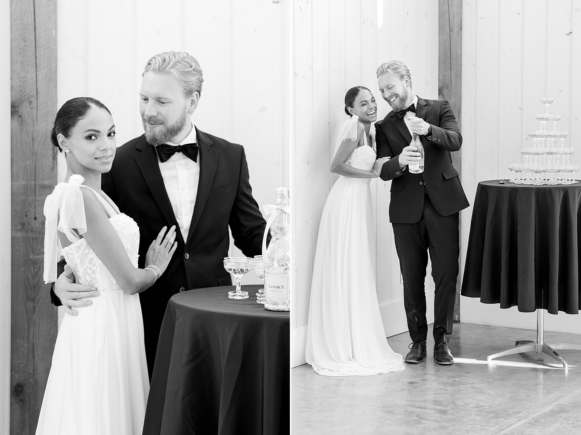 bride and groom open bottle of champagne