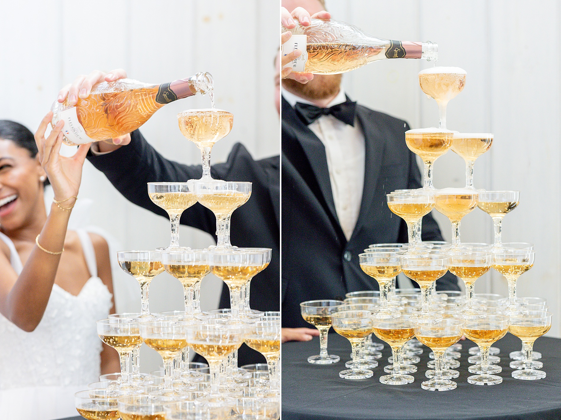 couple pouring champagne over tower of glasses 