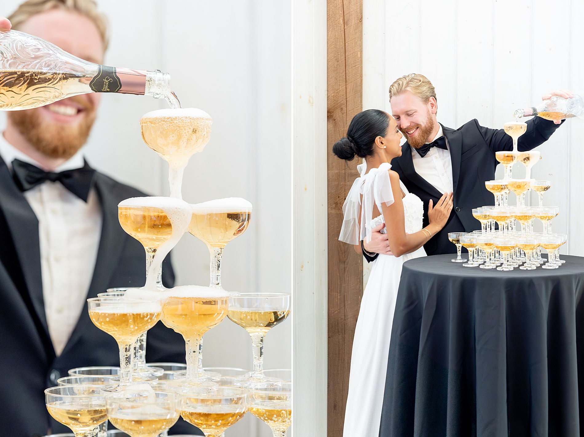 champagne tower at wedding reception 