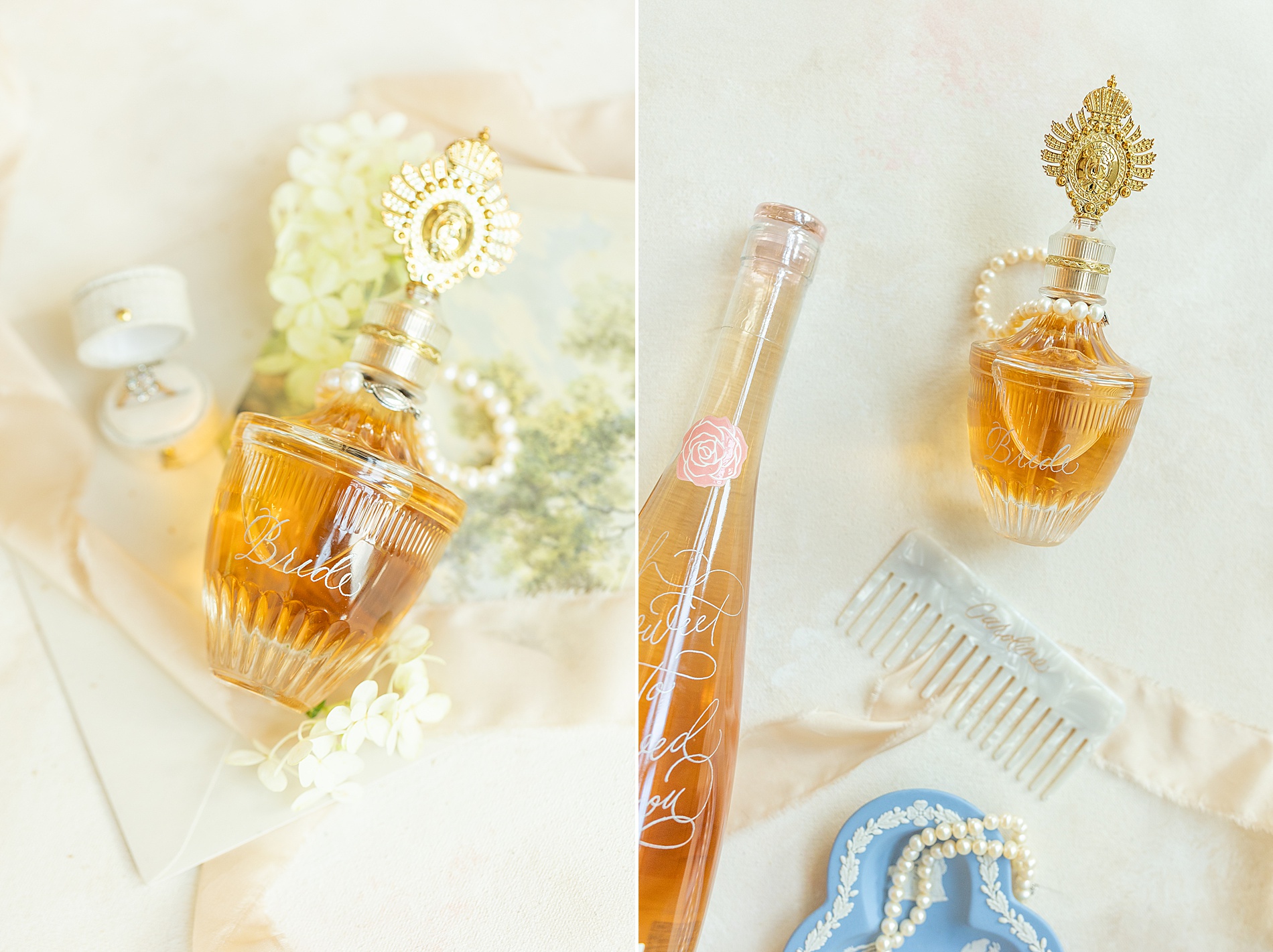 perfume bottle and bridal details 