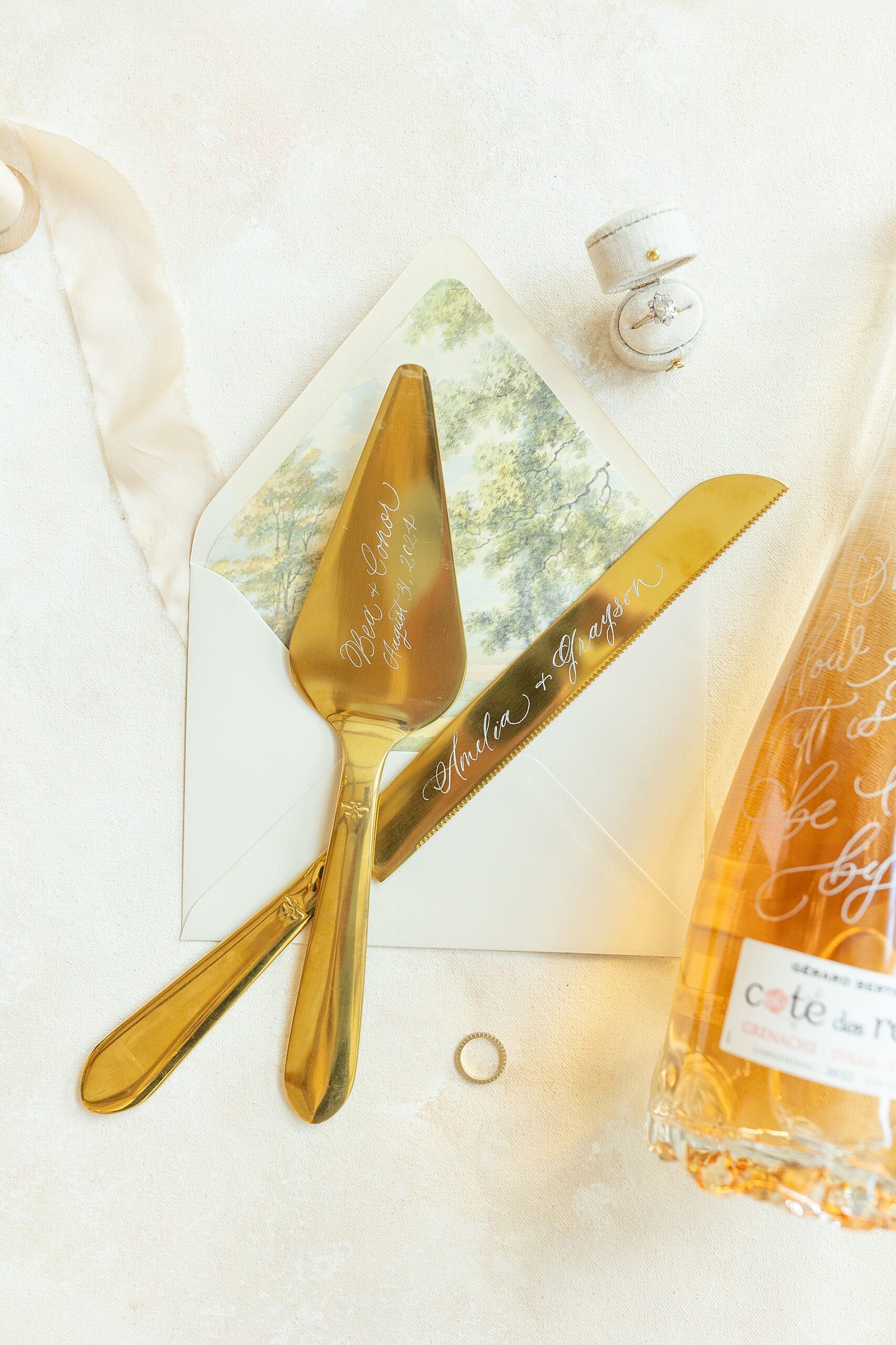custom engraved cake utensils used in flat lay design