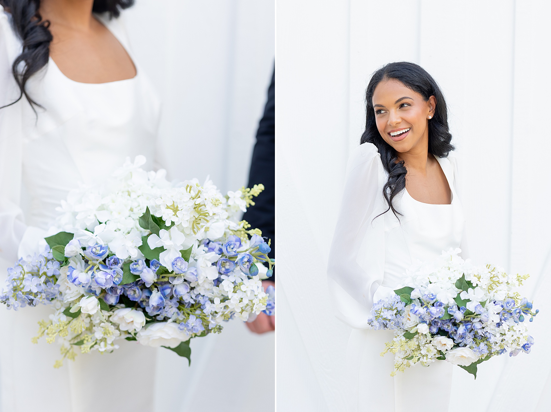 bride in long sleeved wedding gown holding summer bouquet 