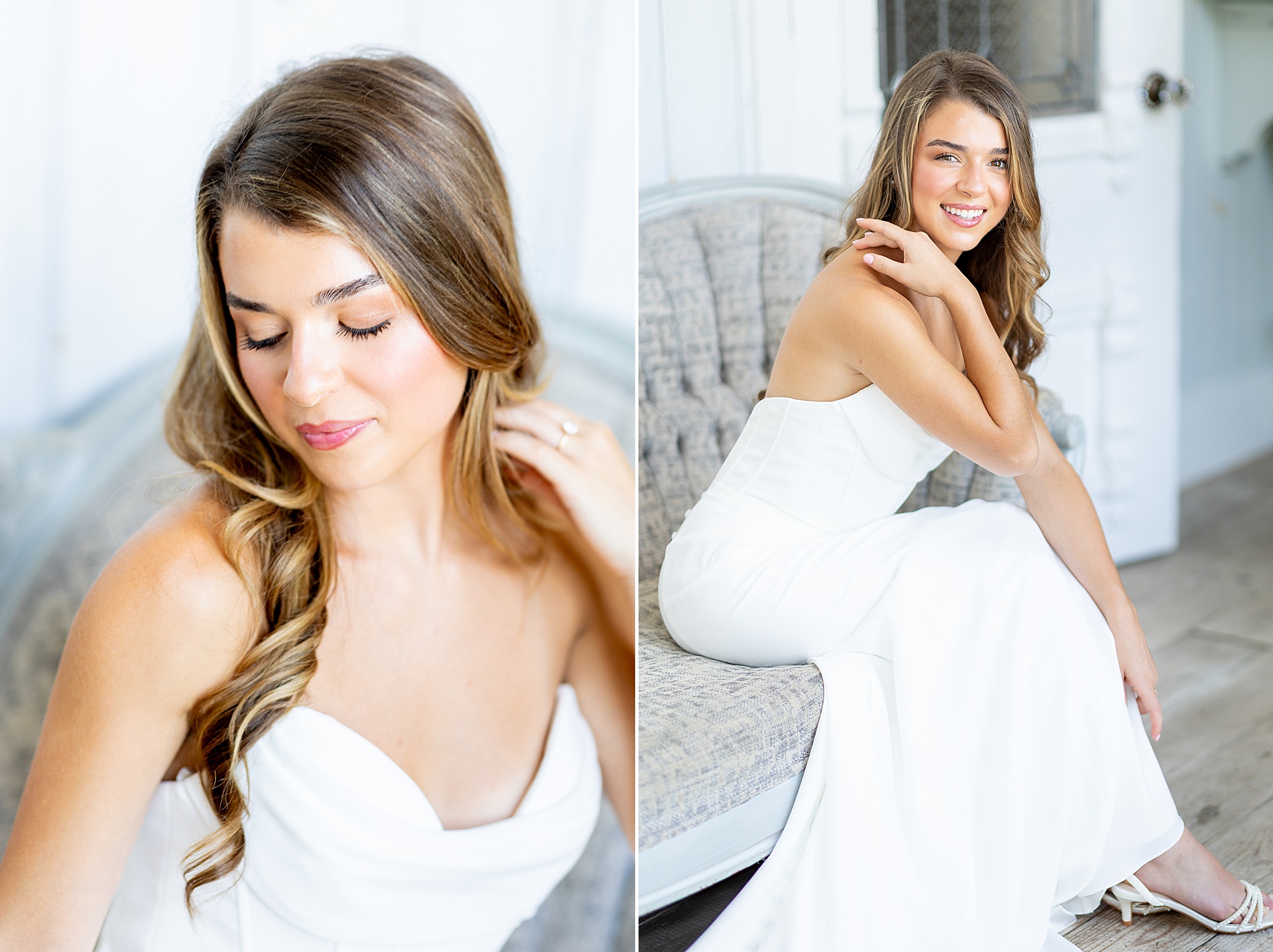 bride sits on couch inside bridal suite