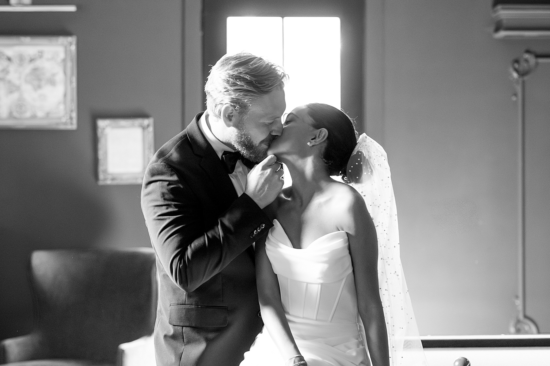 Newlyweds kiss from Luxury Styled Wedding Shoot at Heyward Manor with South Carolina Bride Magazine