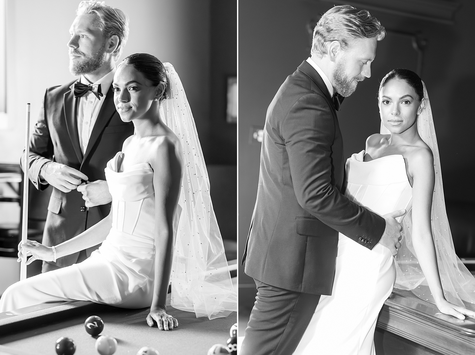 bride and groom lean up against pool table