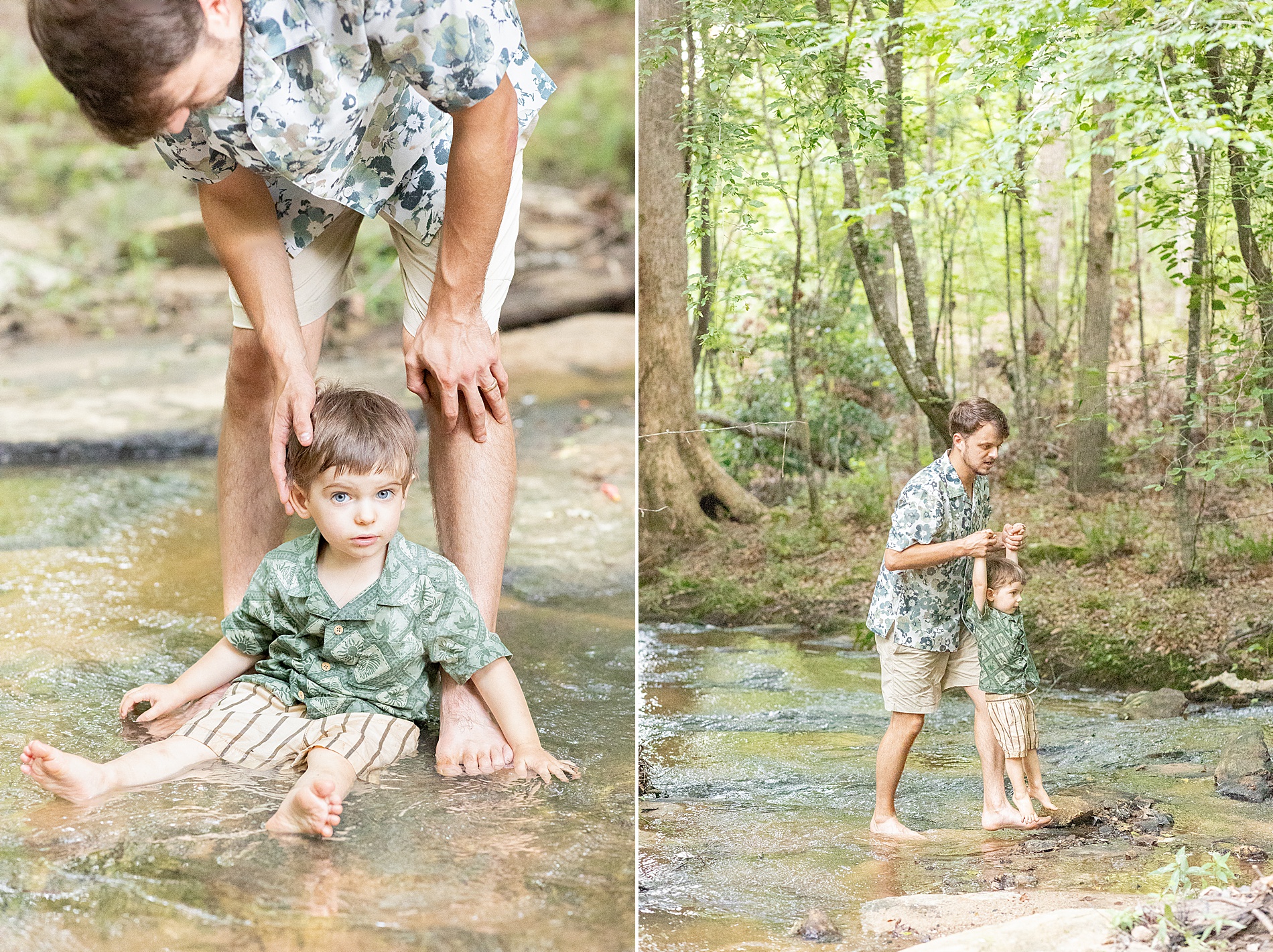 father and son portraits in creek