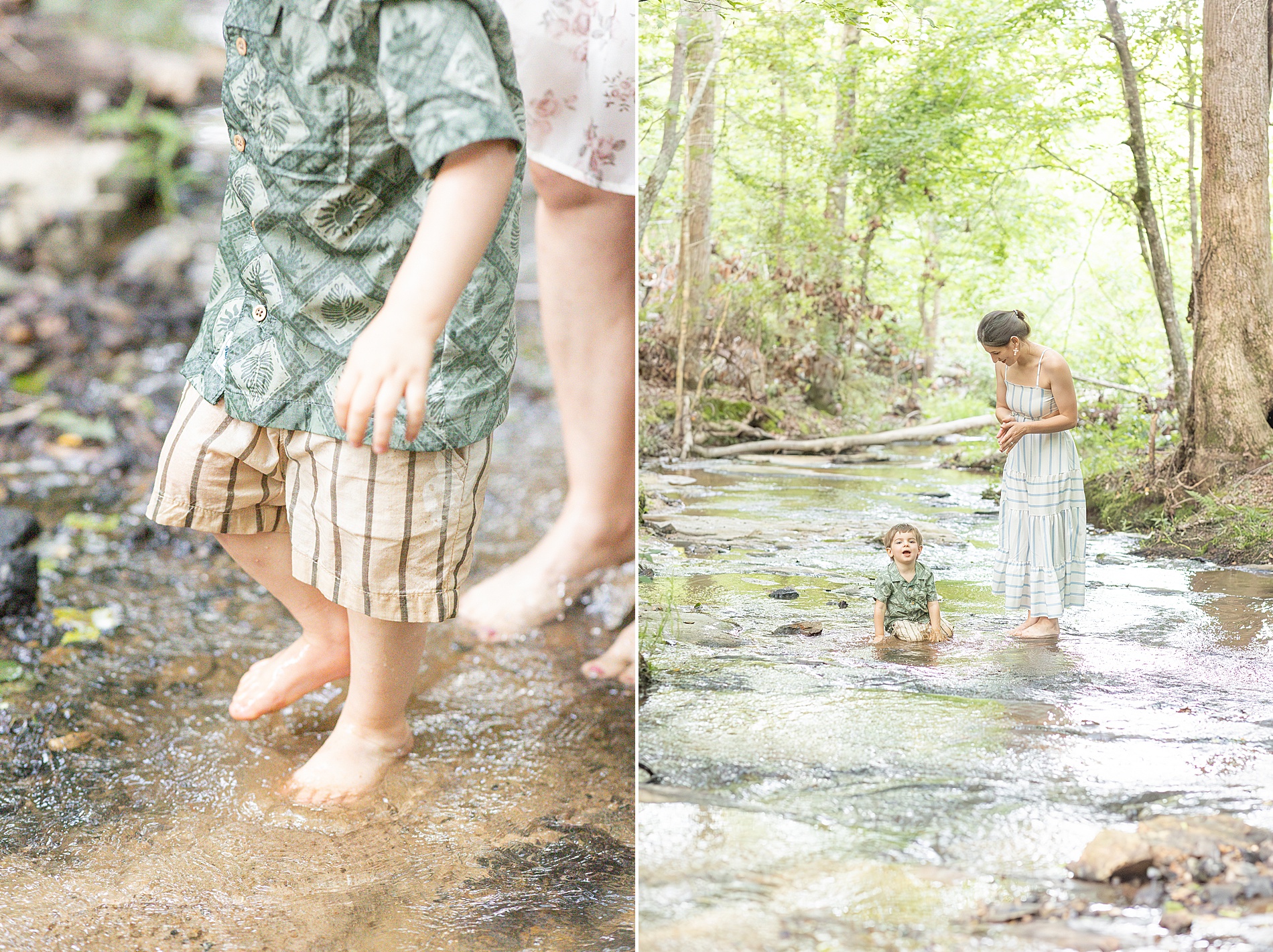 little boy walk in creek in Greenville, SC family property
