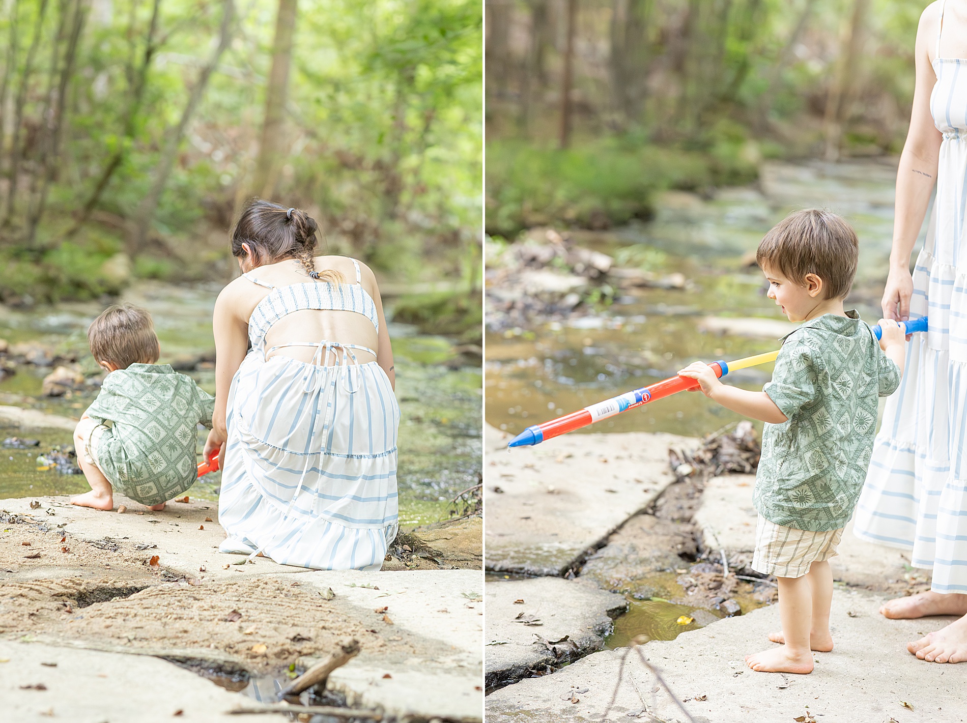 little boy plays in creek