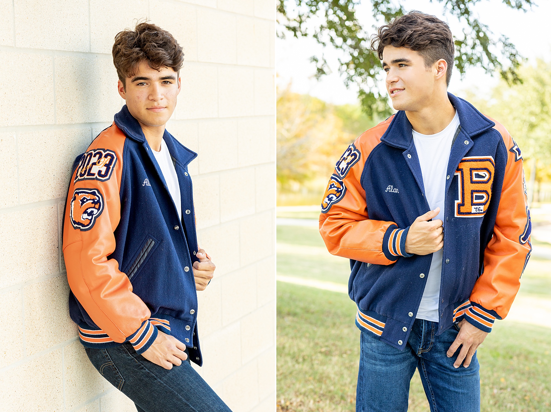 senior in lettermans jacket during senior portrait session in Houston, TX 