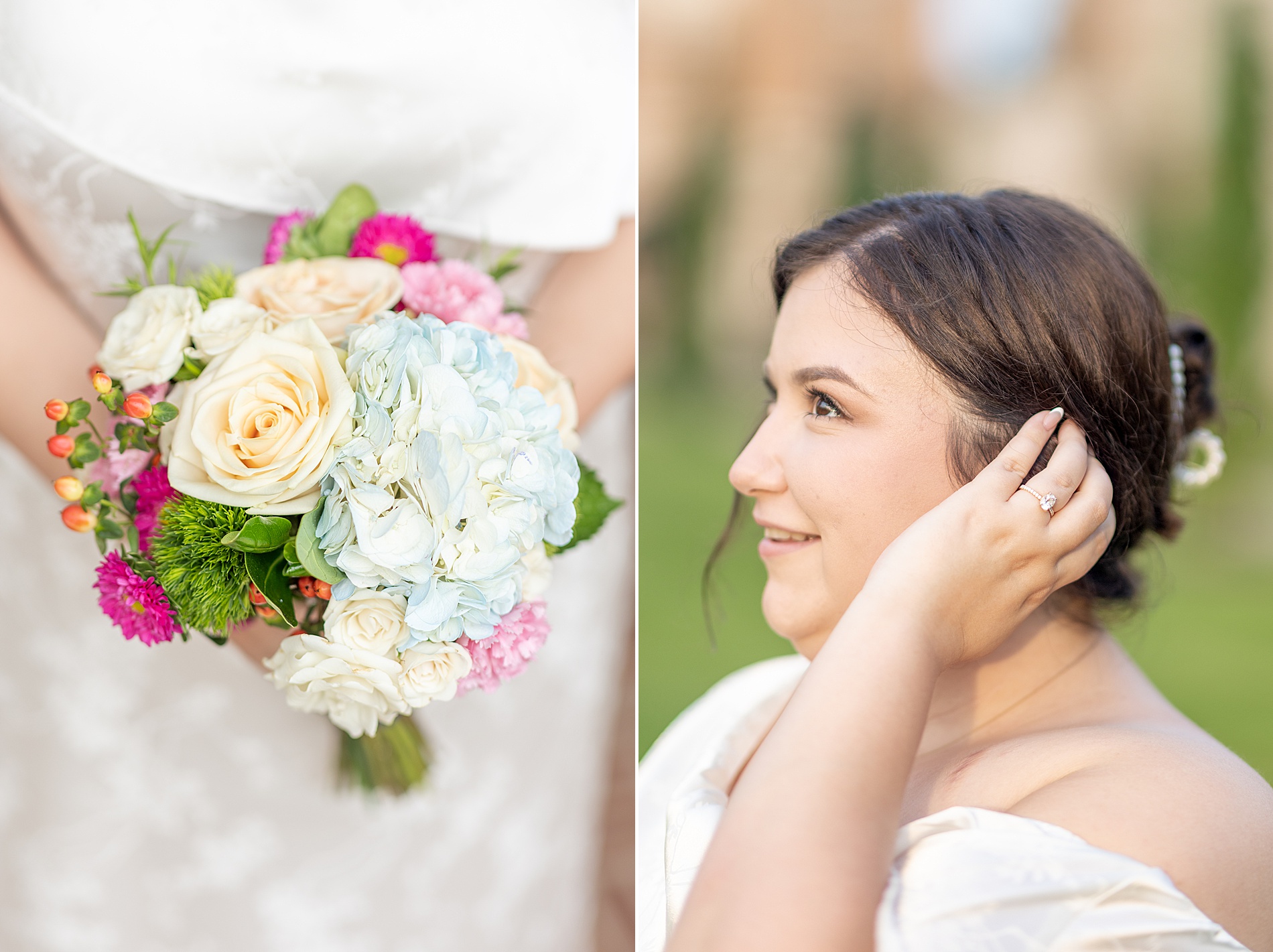 woman carries flower bouquet during engagement portraits