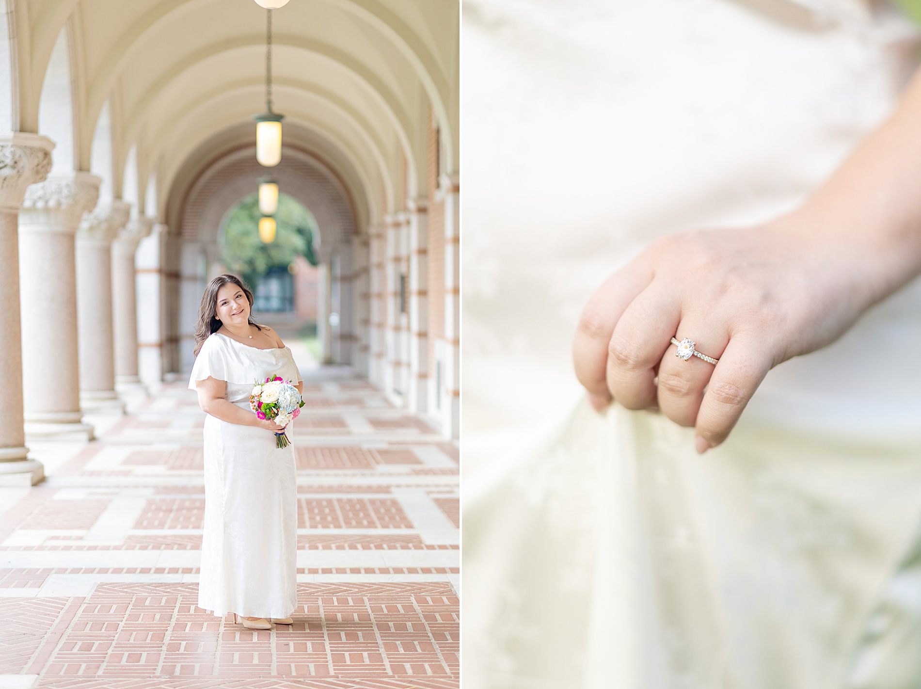 Bride to be portraits with fresh flowers and engagement ring