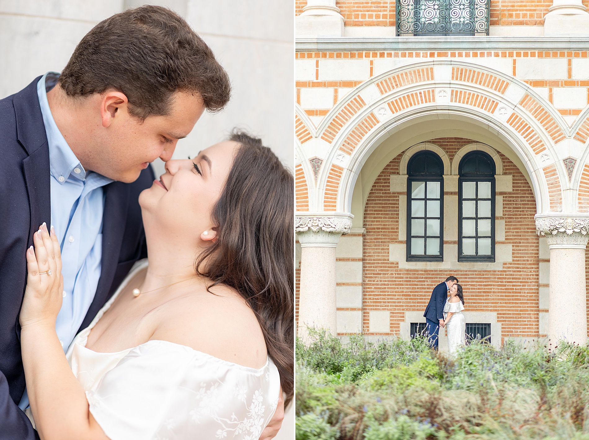 couple kiss during engagement portrait session in Houston