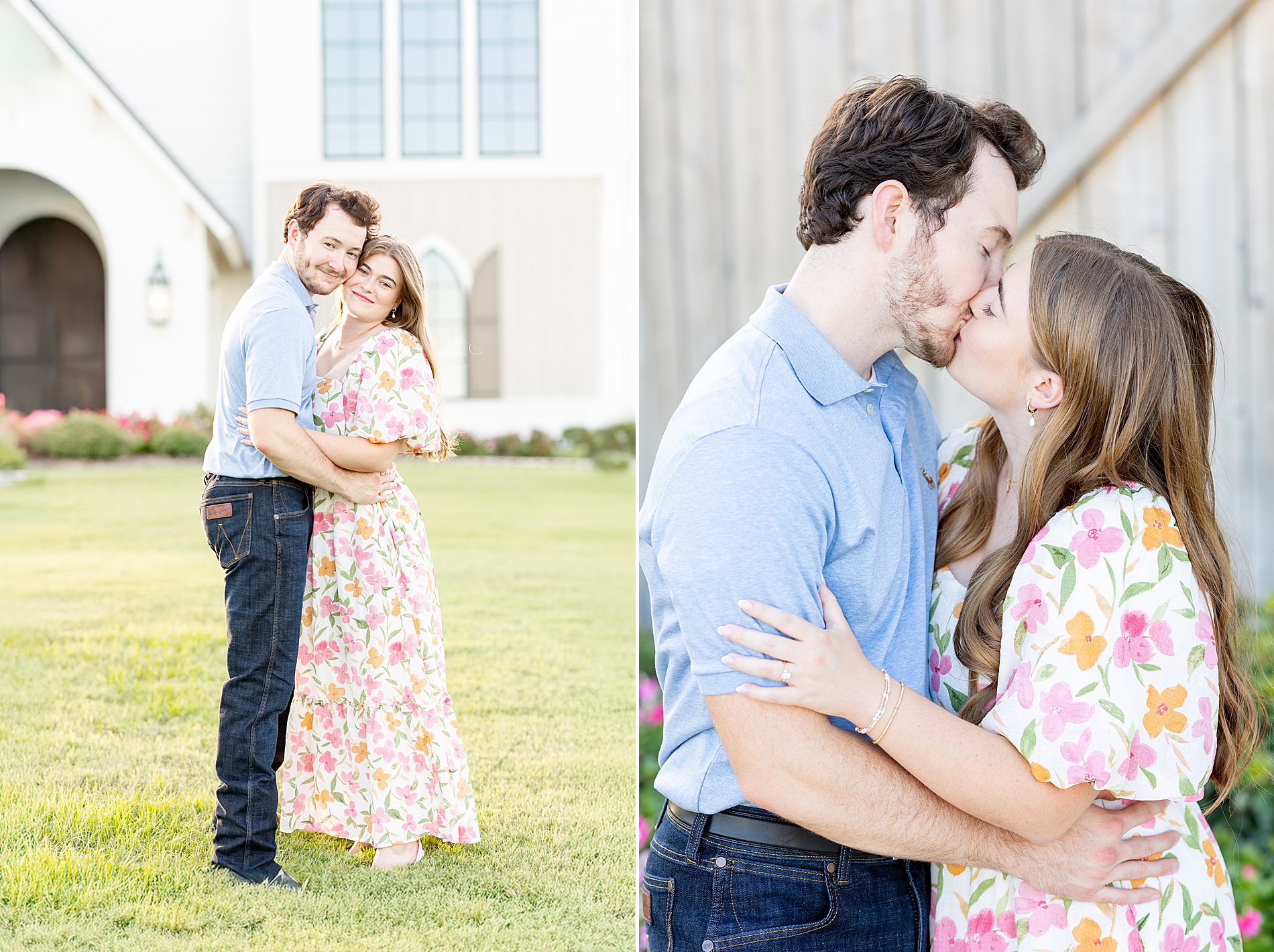engaged couple lean in together in front of chapel 