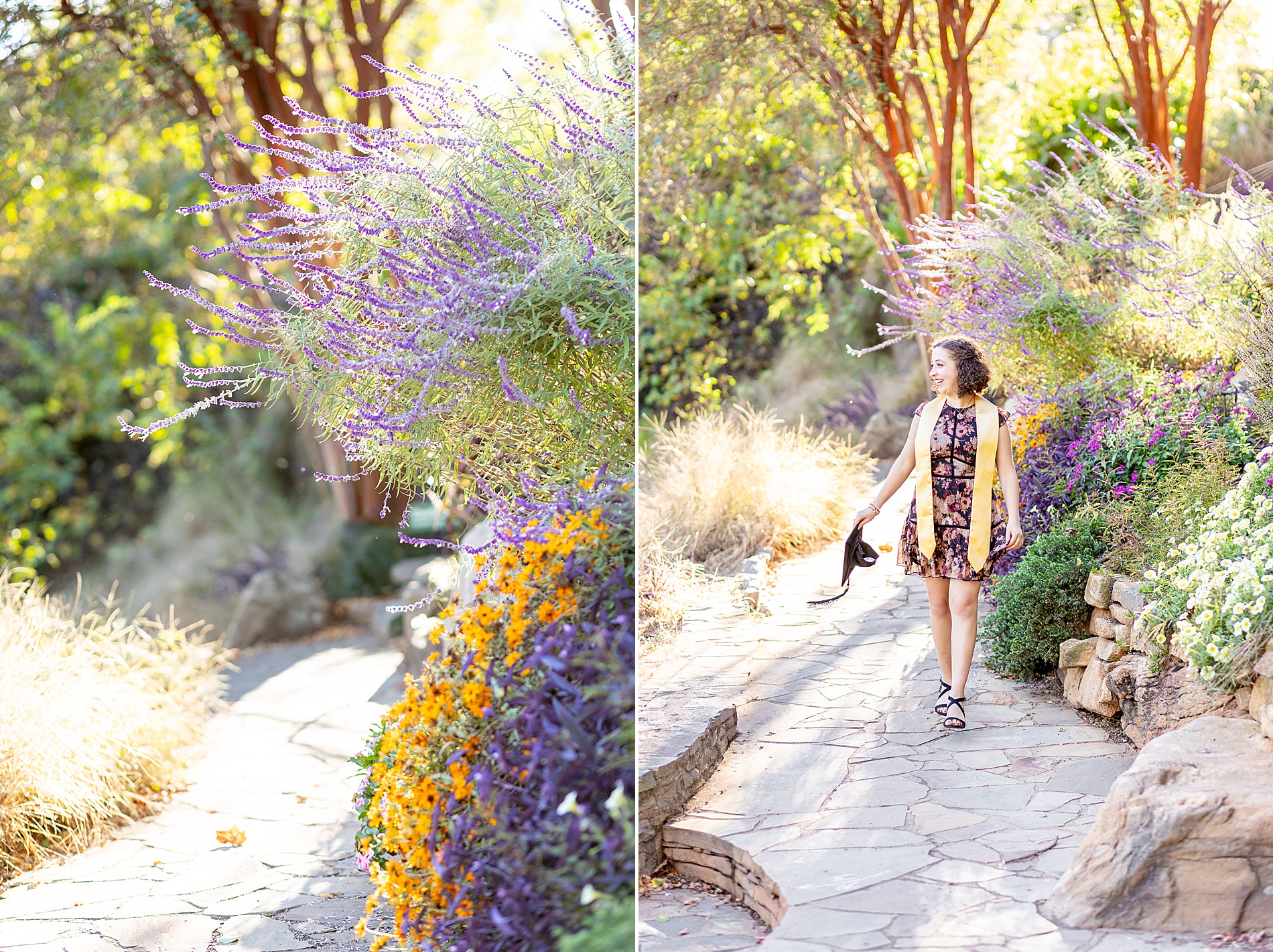 senior girl walks down path lined with flowers