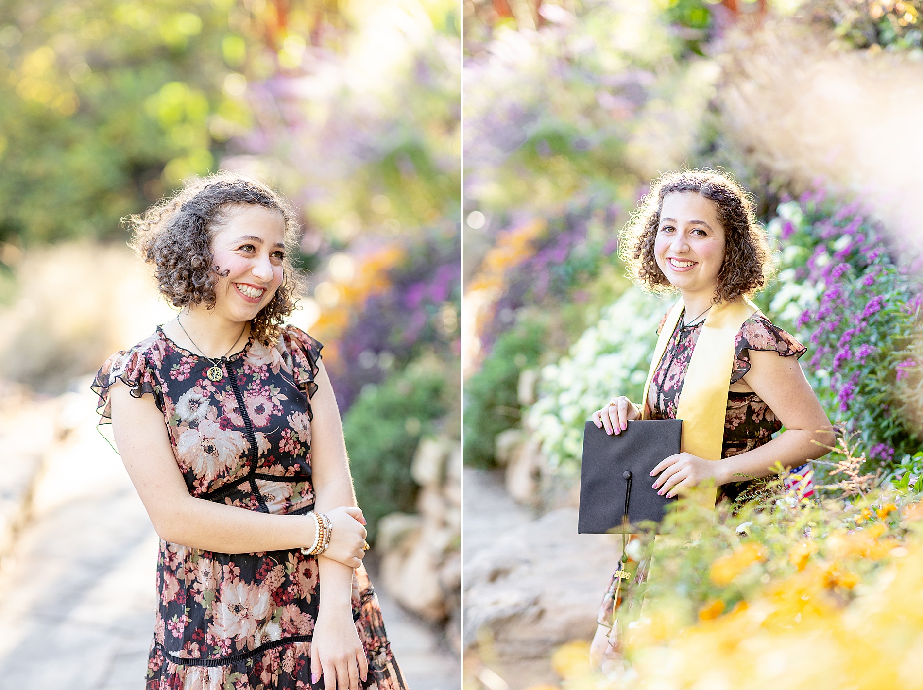 senior stands around flowers during senior portraits session