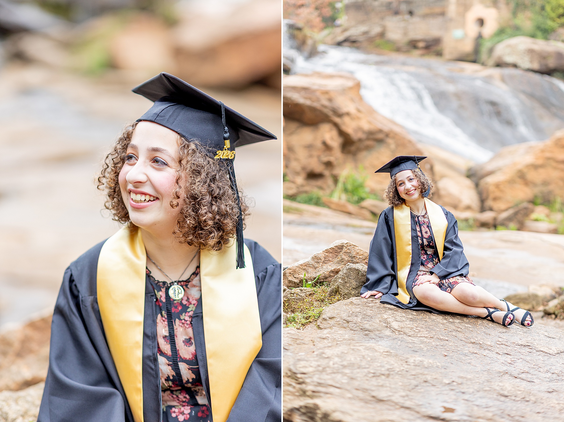 senior girl sits on rocks by waterfall by Reedy river