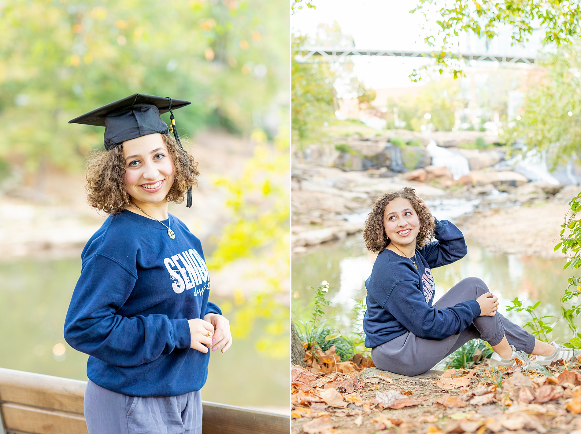 senior girl sits on leaf covered ground