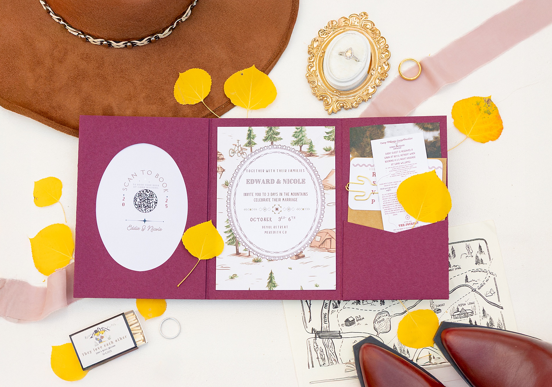 wedding invitation suite from fall wedding at Beyul Retreat