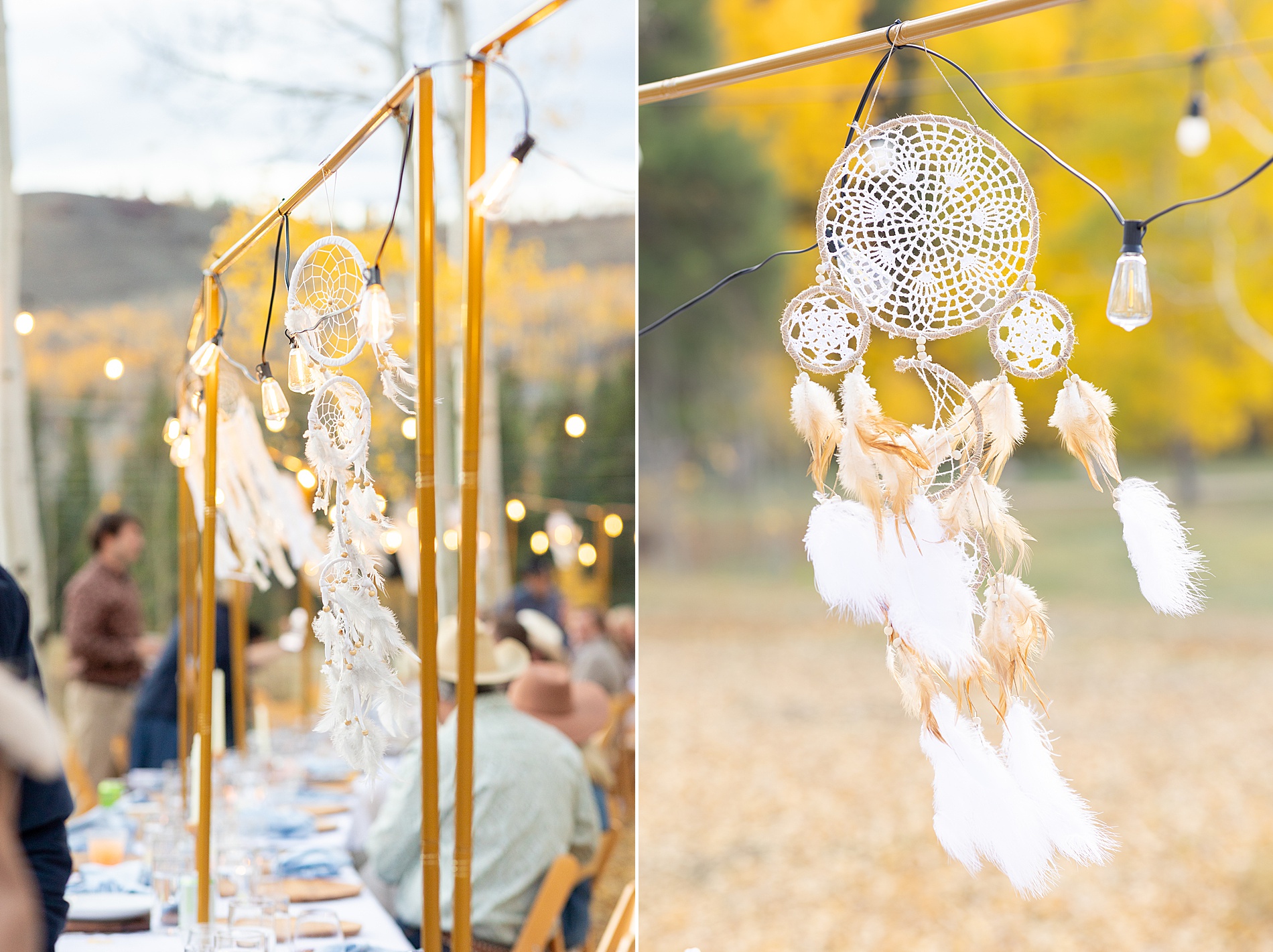 dream catchers hang above table at wedding welcome party