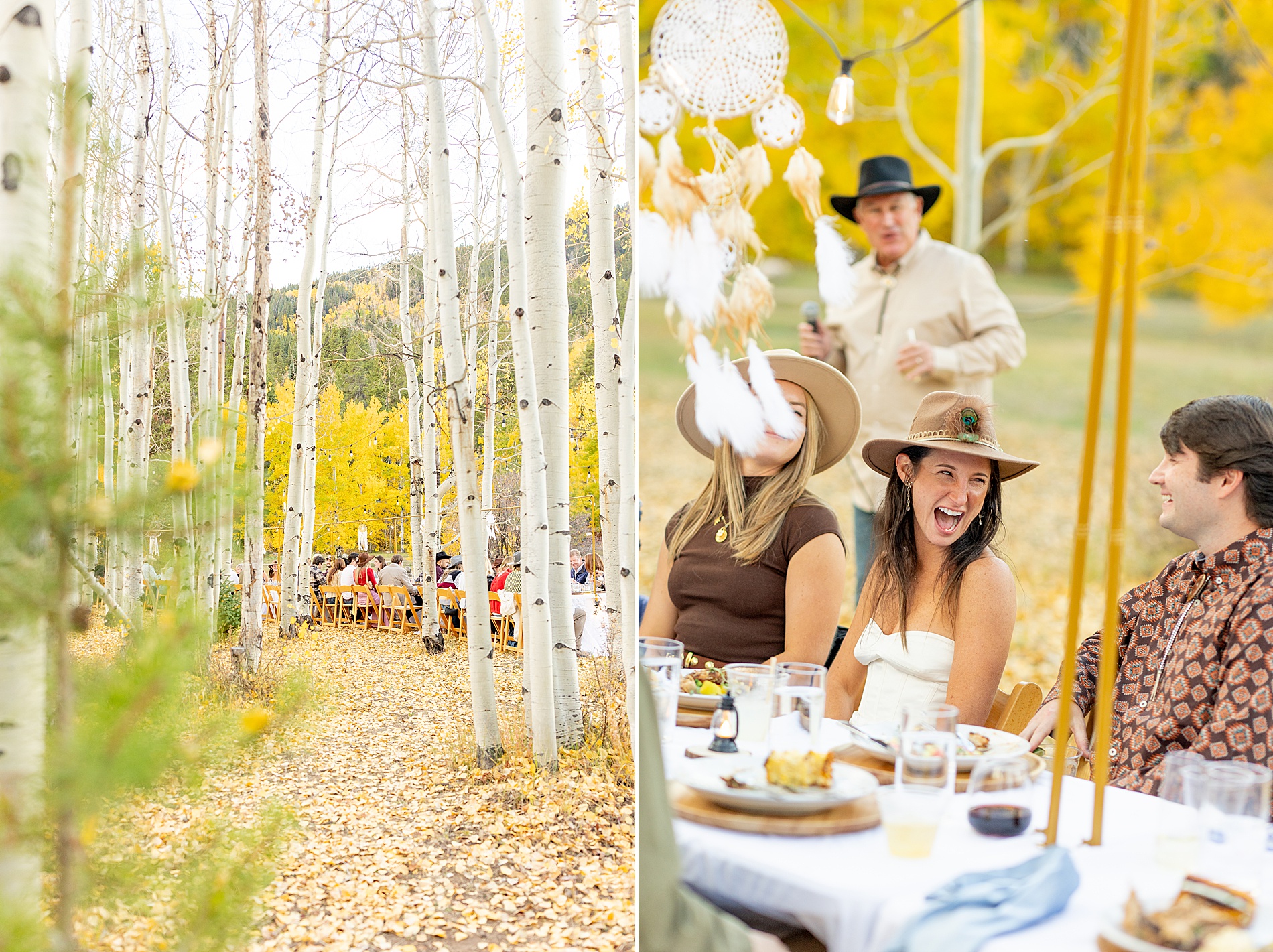 couple laugh at dinner during wedding weekend in Aspen, CO