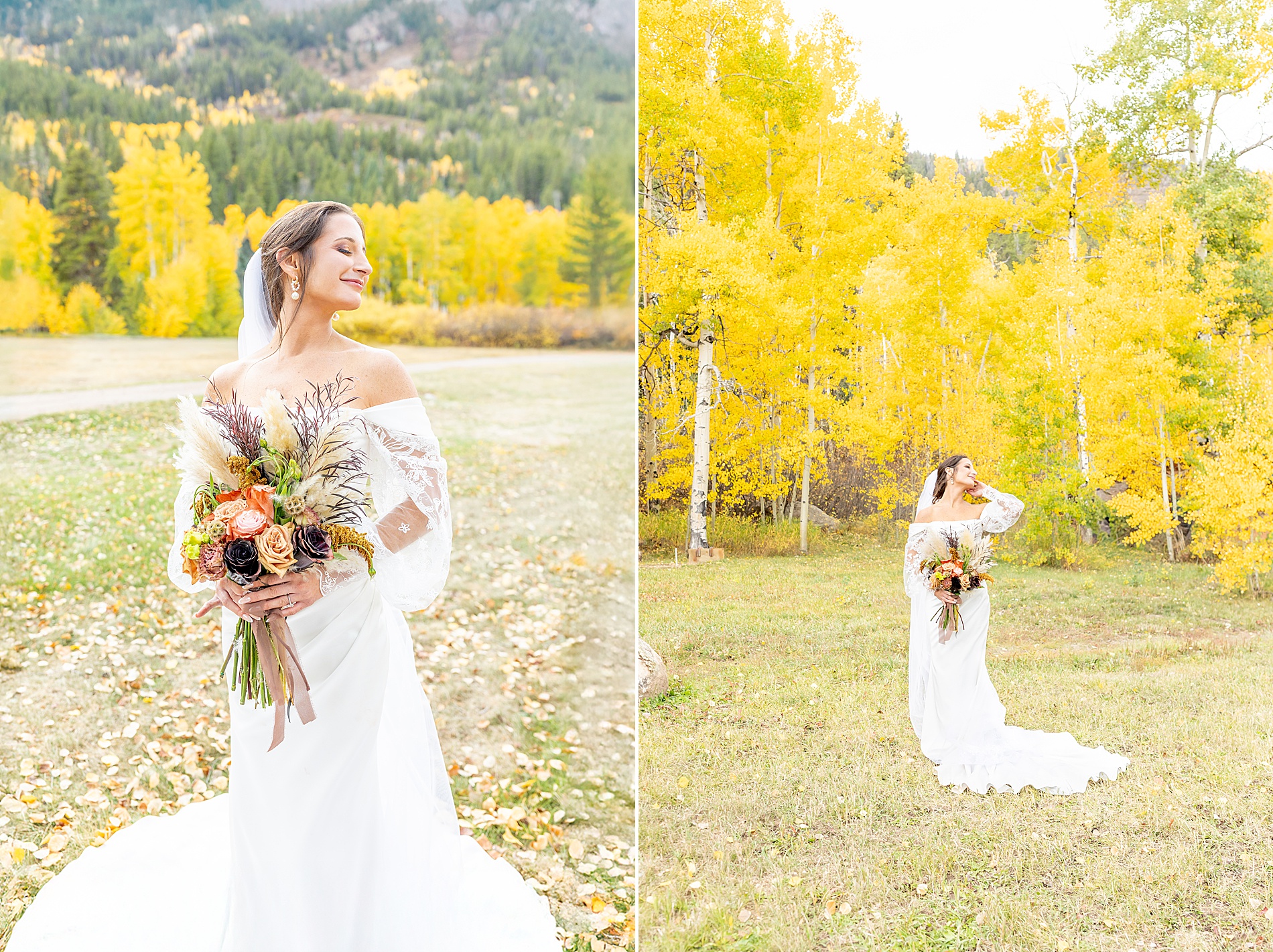 bridal portraits with fall yellow trees in the background