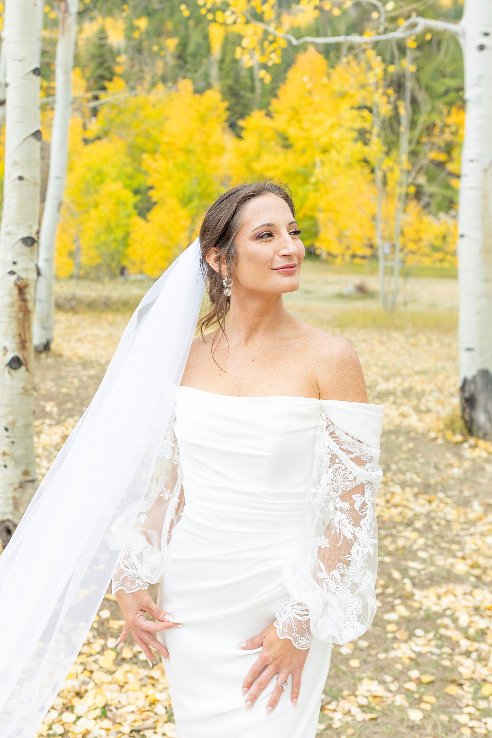 bride in off-shoulder wedding dress