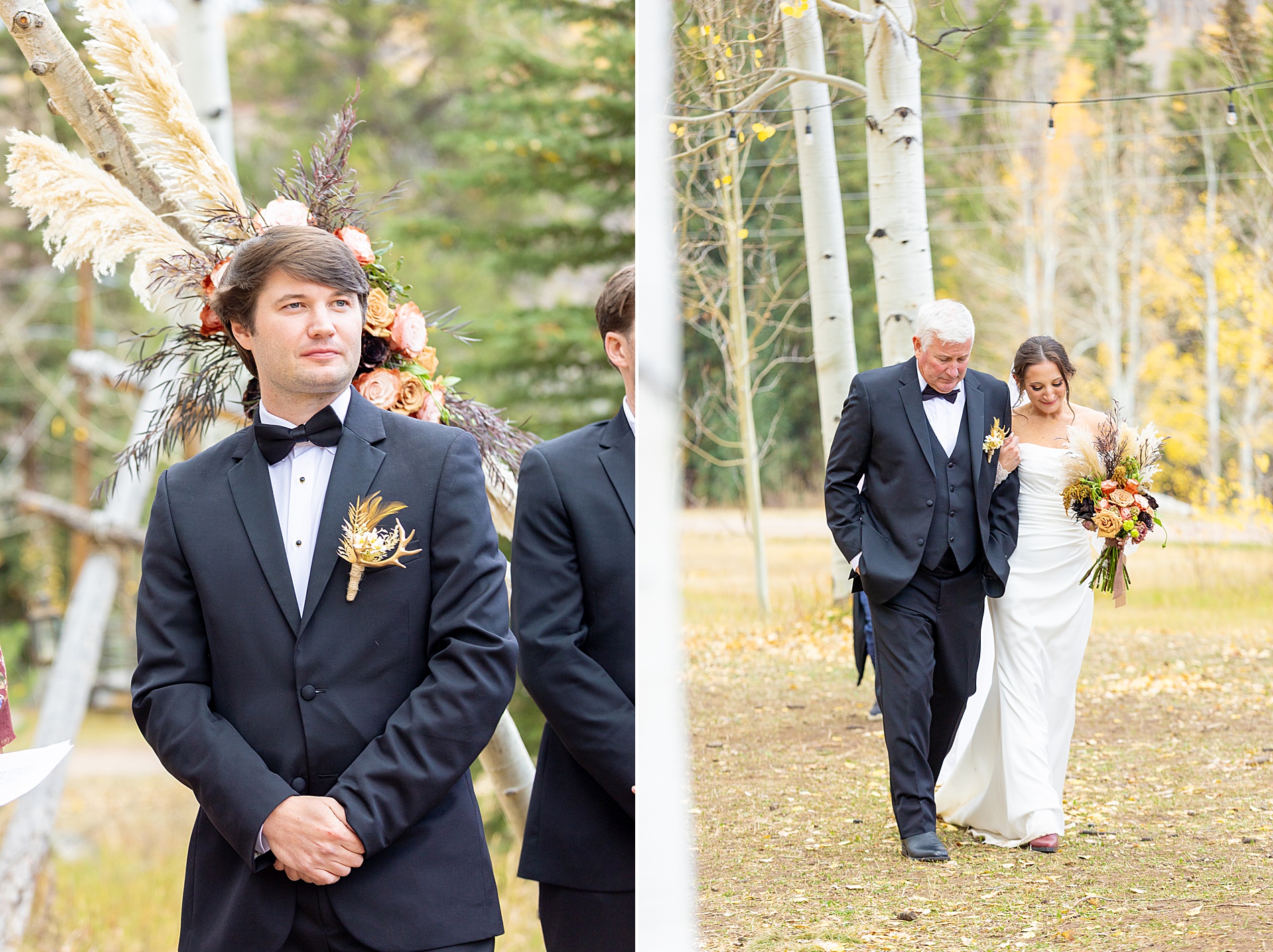 groom watches bride walk down the aisle