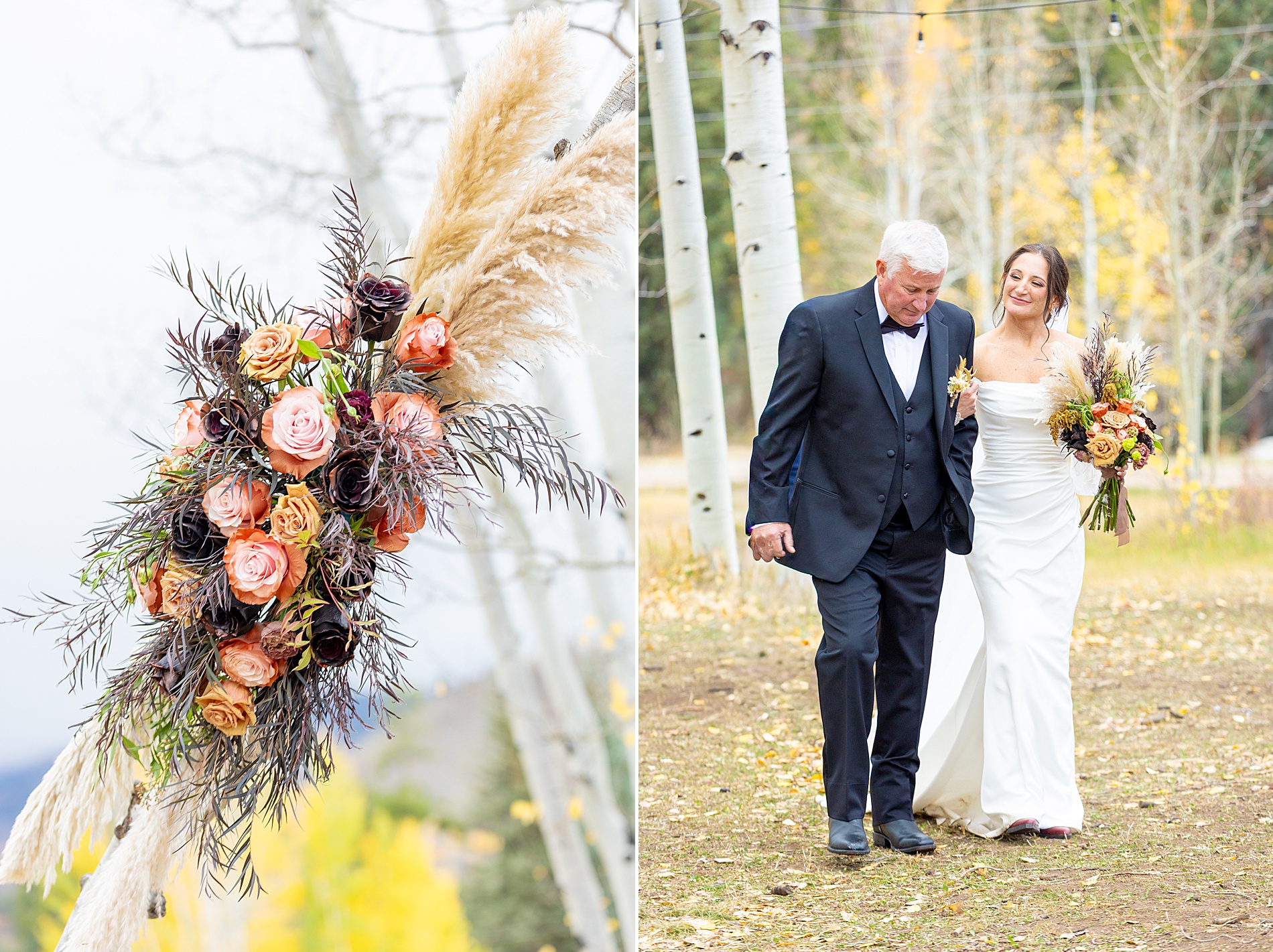 wedding ceremony details and bride walking with dad