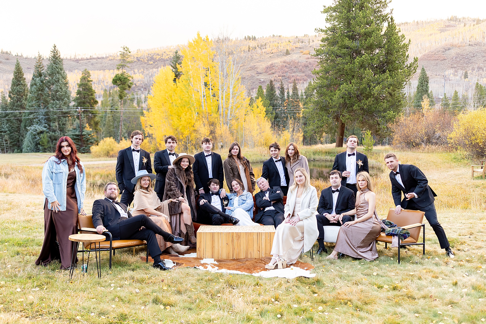 wedding party photos from fall wedding in Aspen, Colorado at Beyul Retreat
