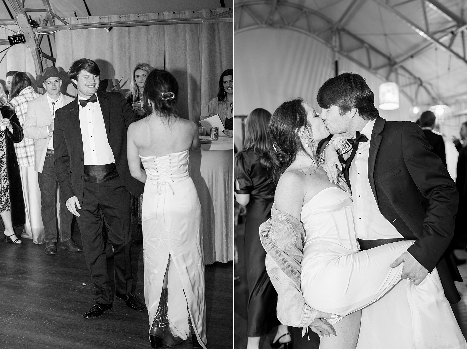 bride and groom kiss on dance floor