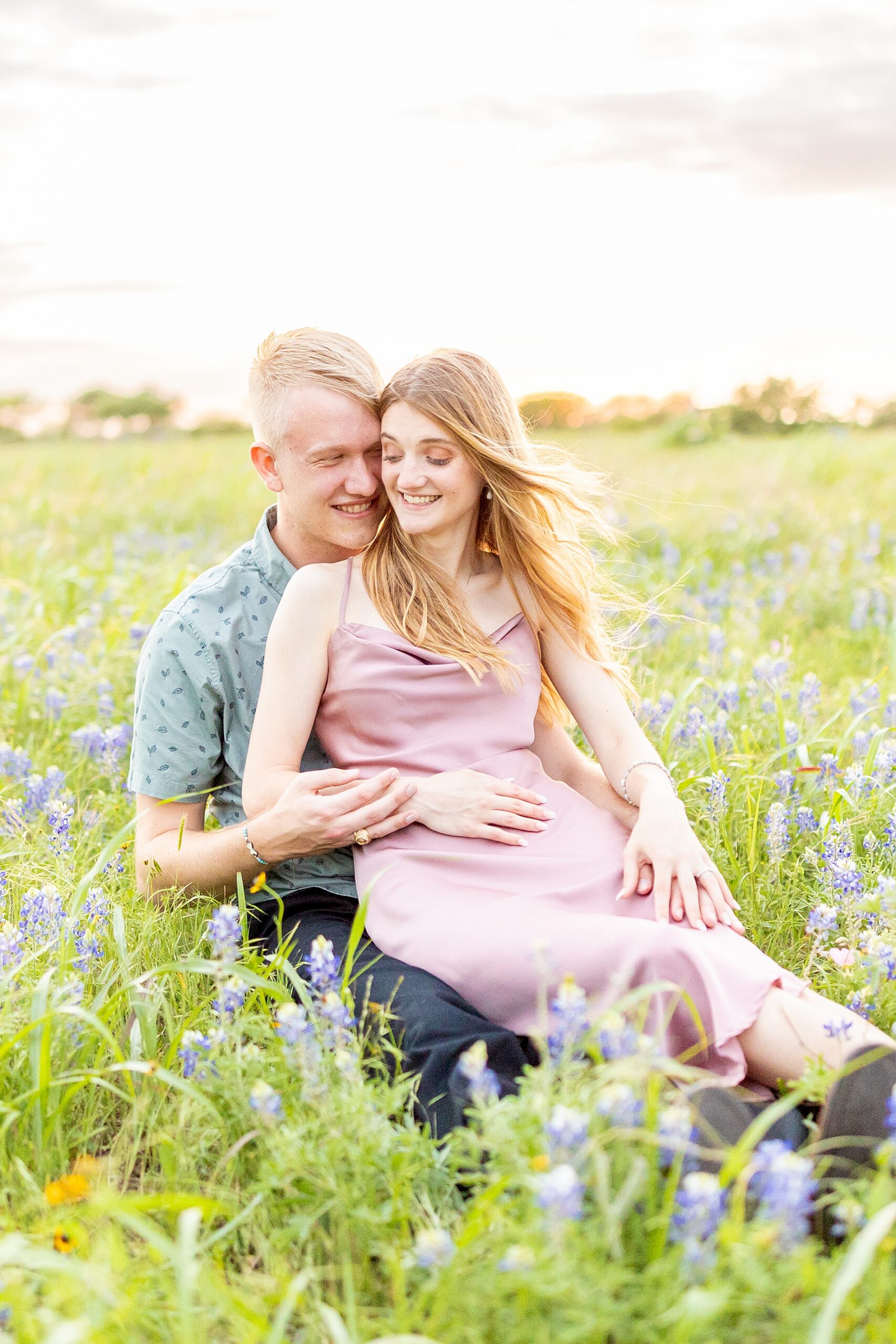 spring engagement session during Peak Texas bluebonnet season in Brenham, TX