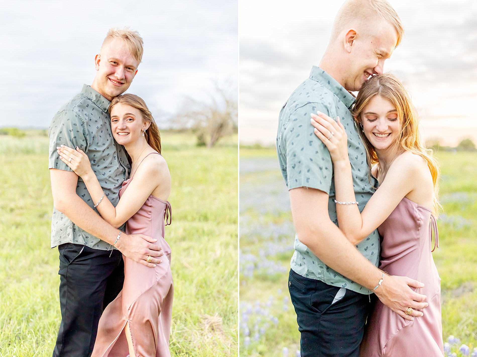 couple embrace during spring engagement session