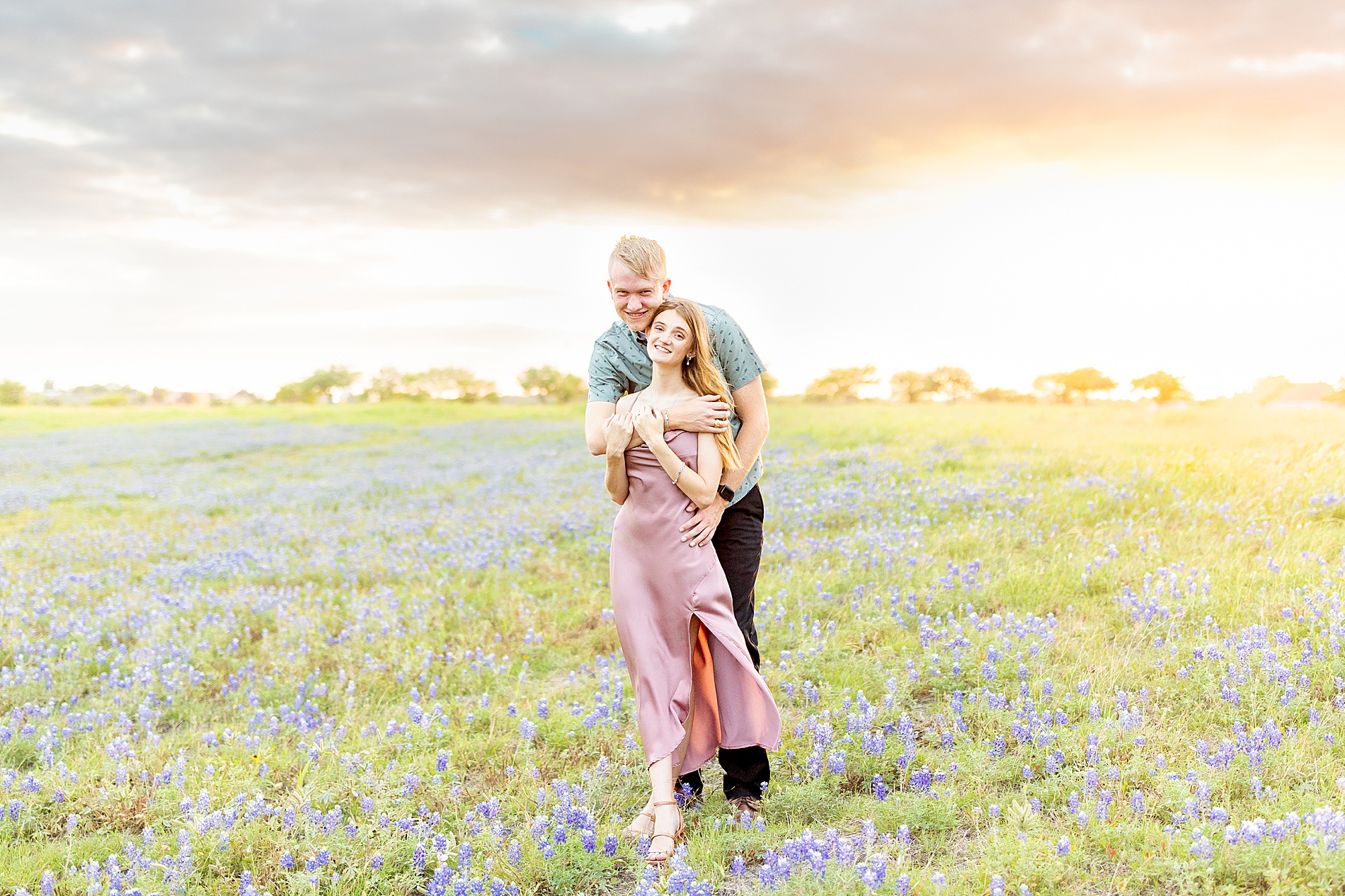 Texas bluebonnet engagement session in Brenham, TX during sunset
