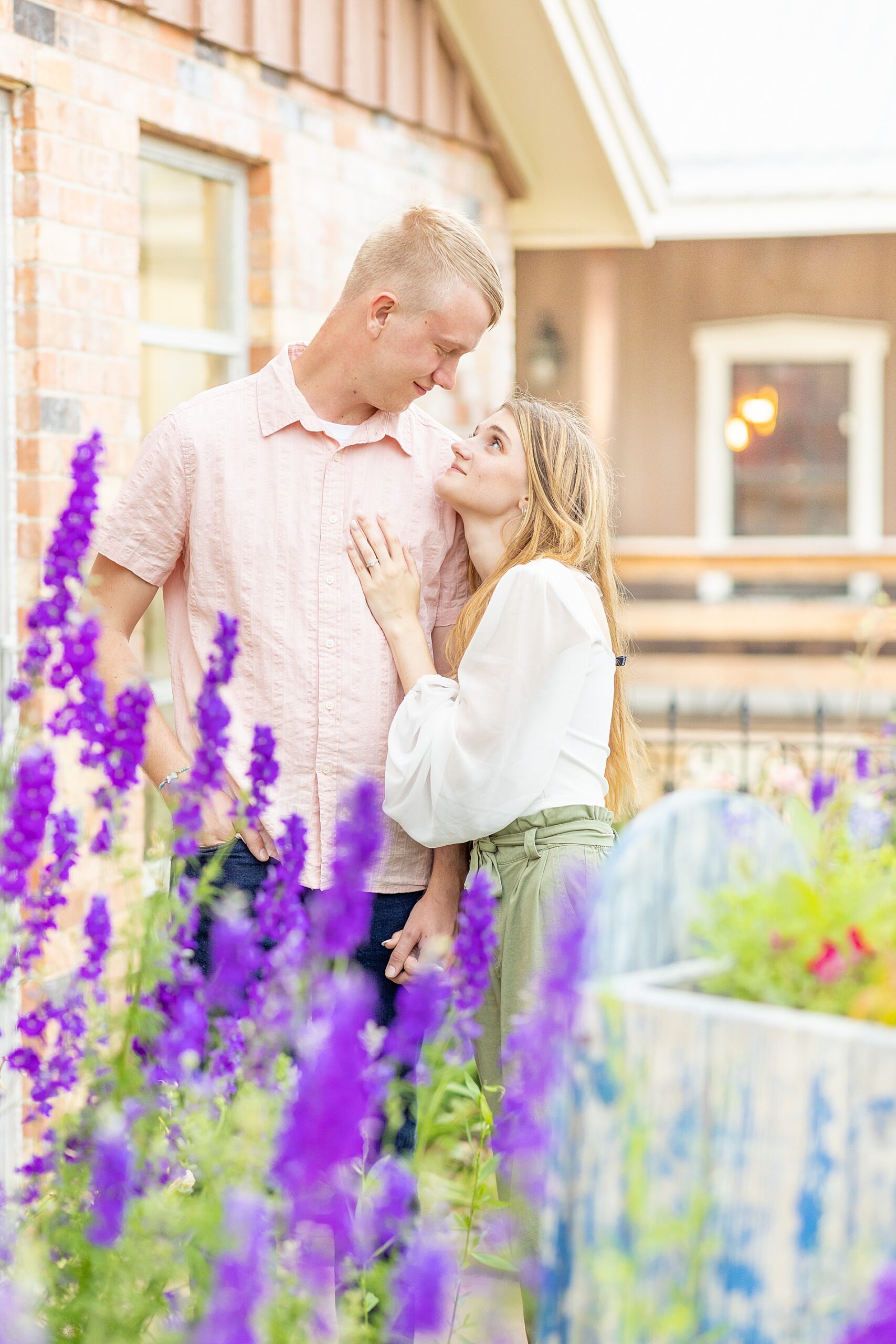 spring engagement session with blooming flowers in Houston Texas
