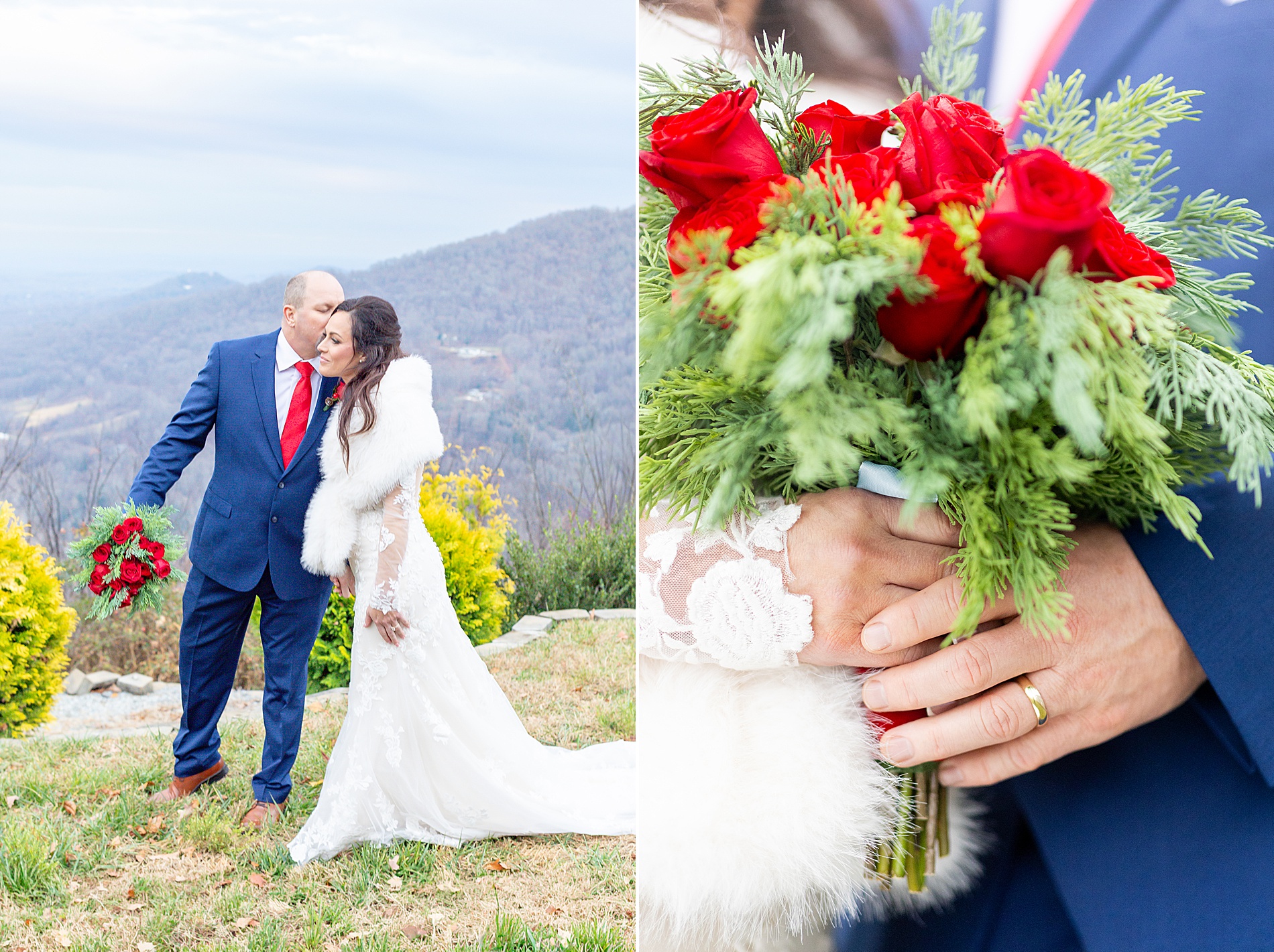 bride and groom portraits on mountain 