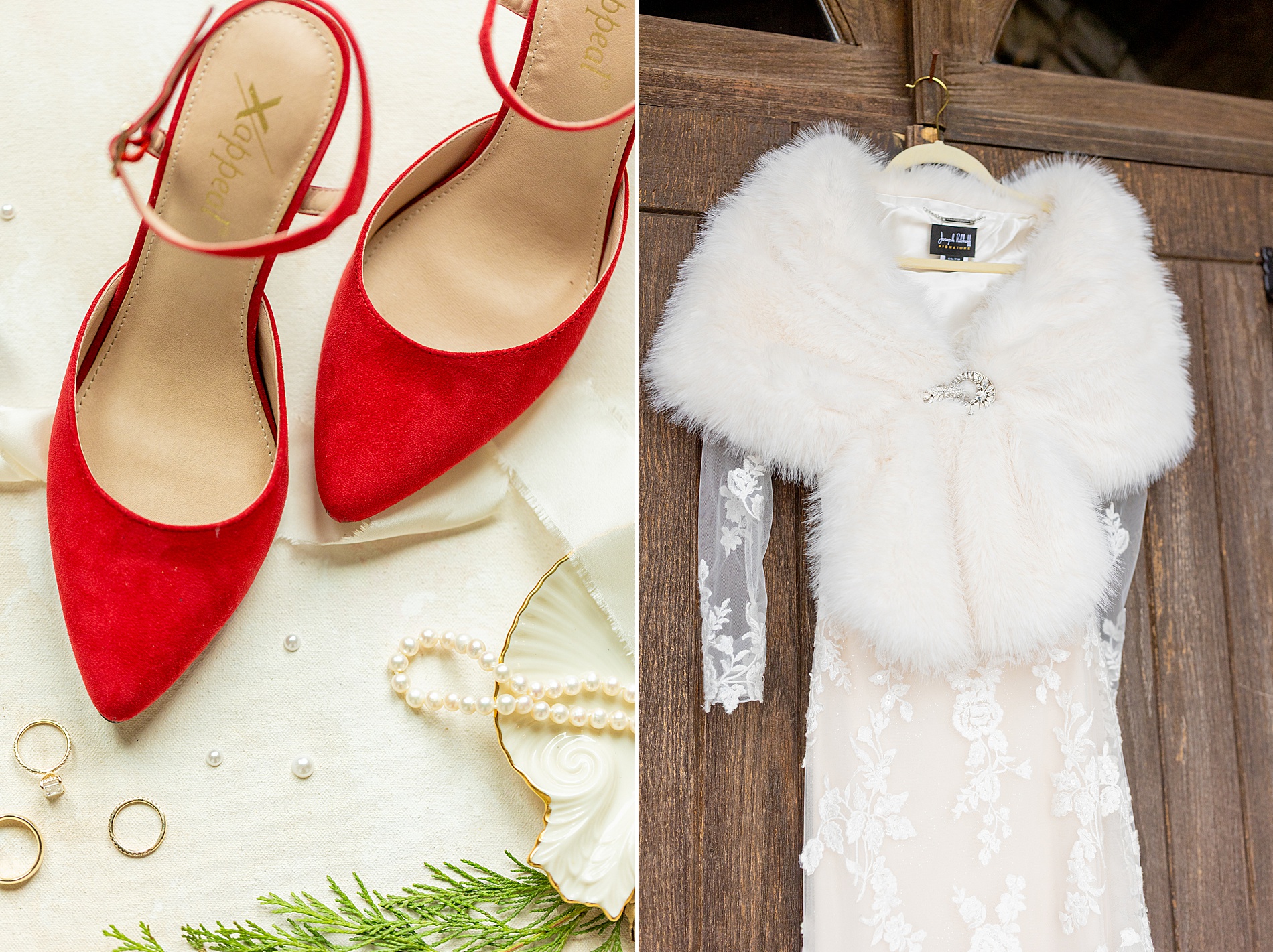 bride's wedding dress and red shoes