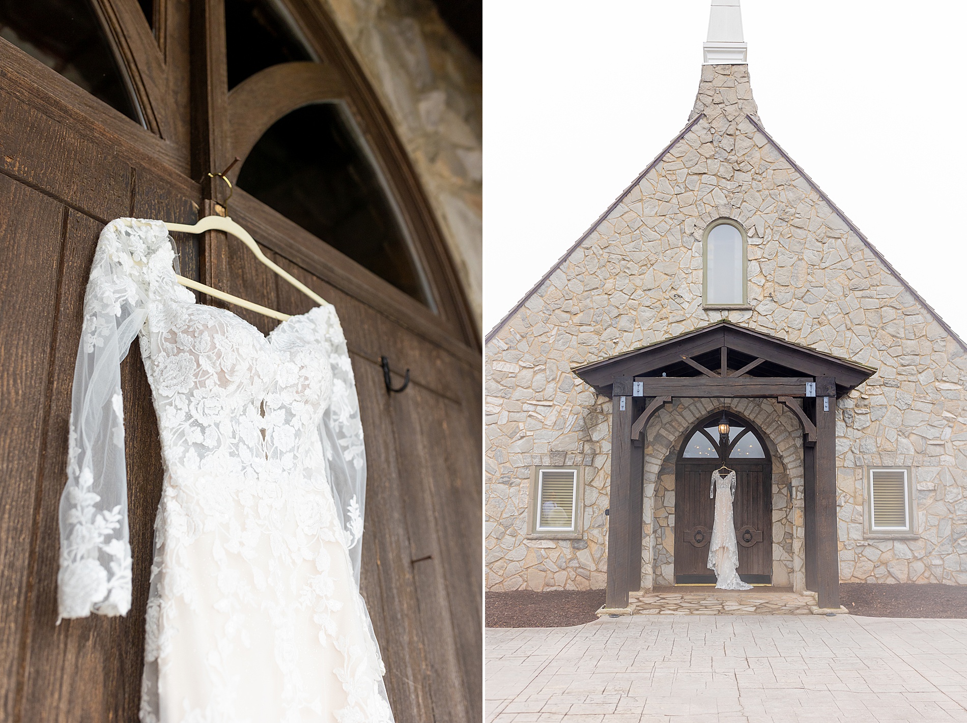 wedding dress hanging on door of Glassy chapel