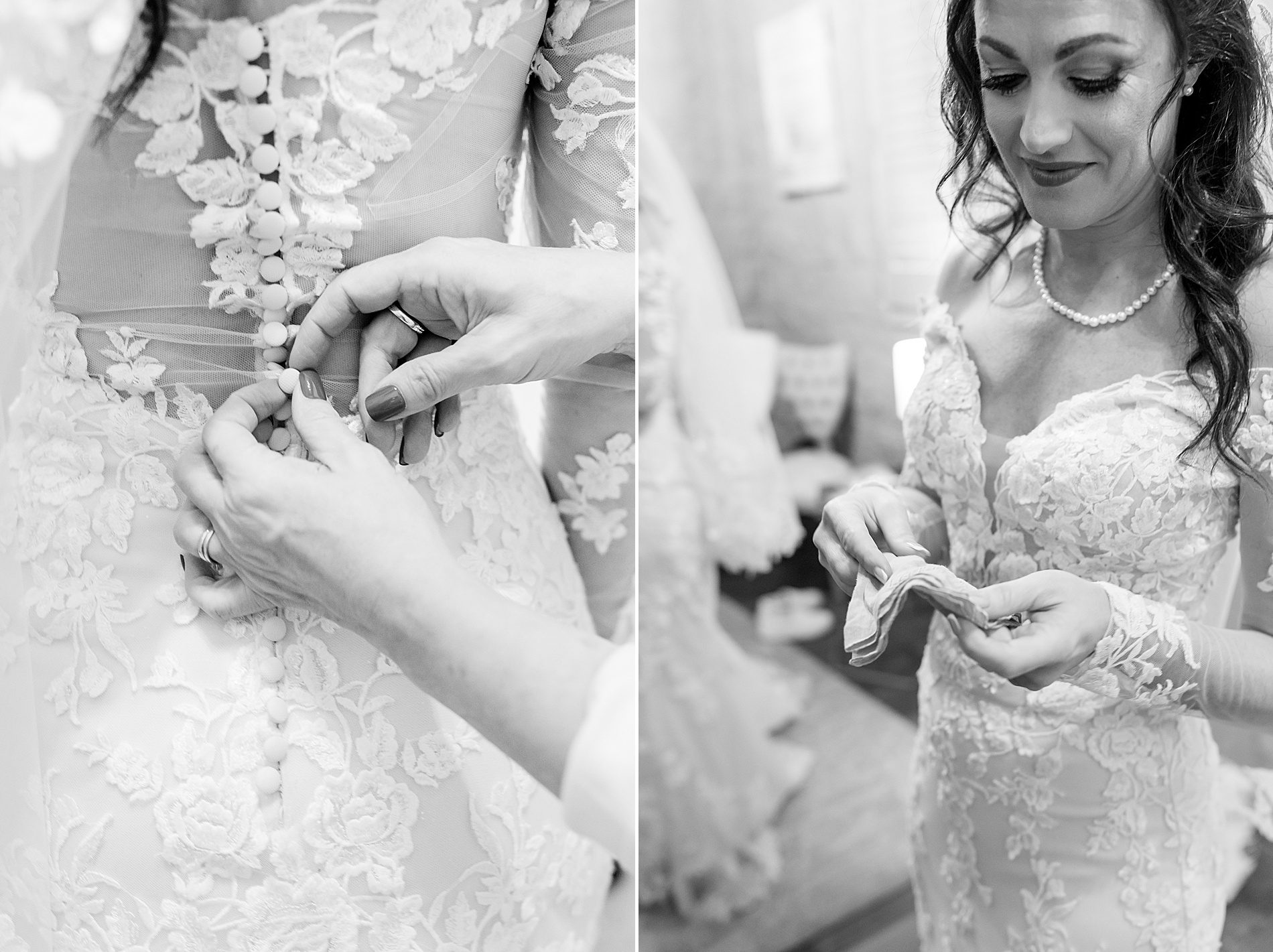 bride getting into wedding dress
