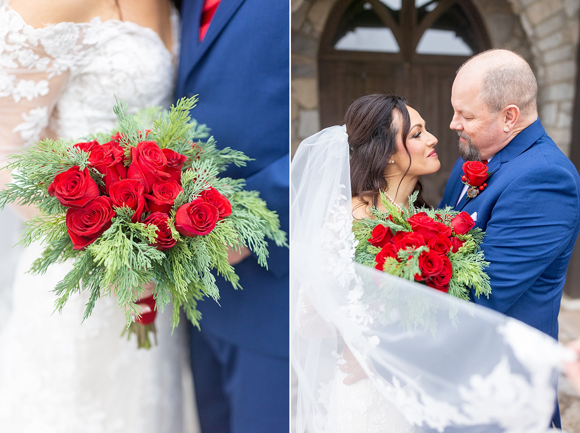 bride holding festive bouquet of flowers for Christmas wedding 