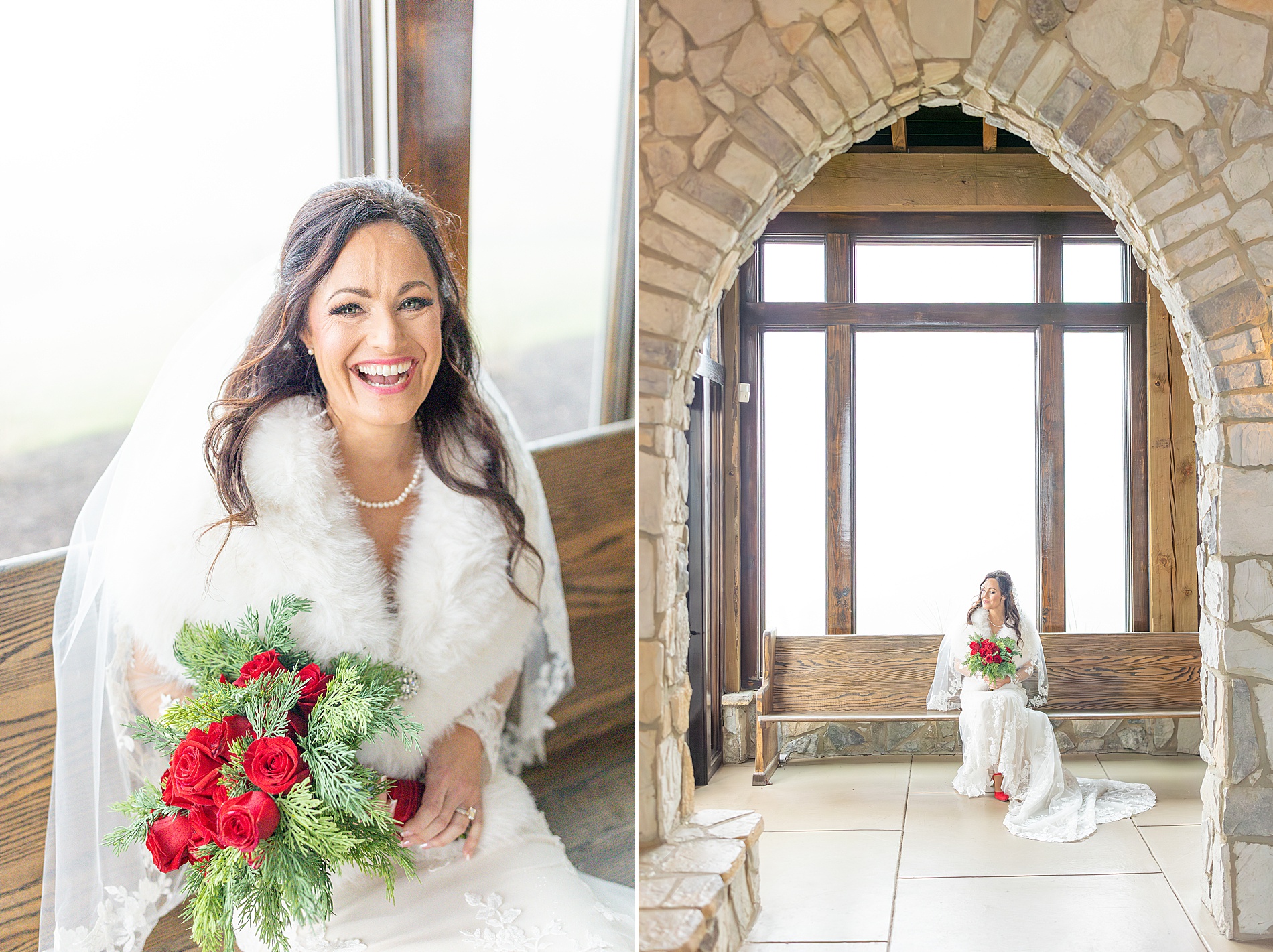 bride smiles holding a festive Christmas bouquet 
