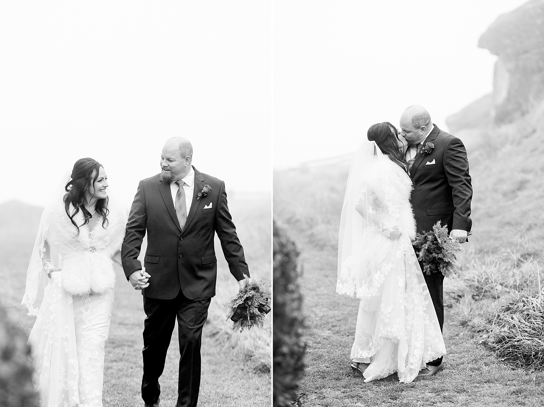 newlyweds kiss outside in the fog on mountain top