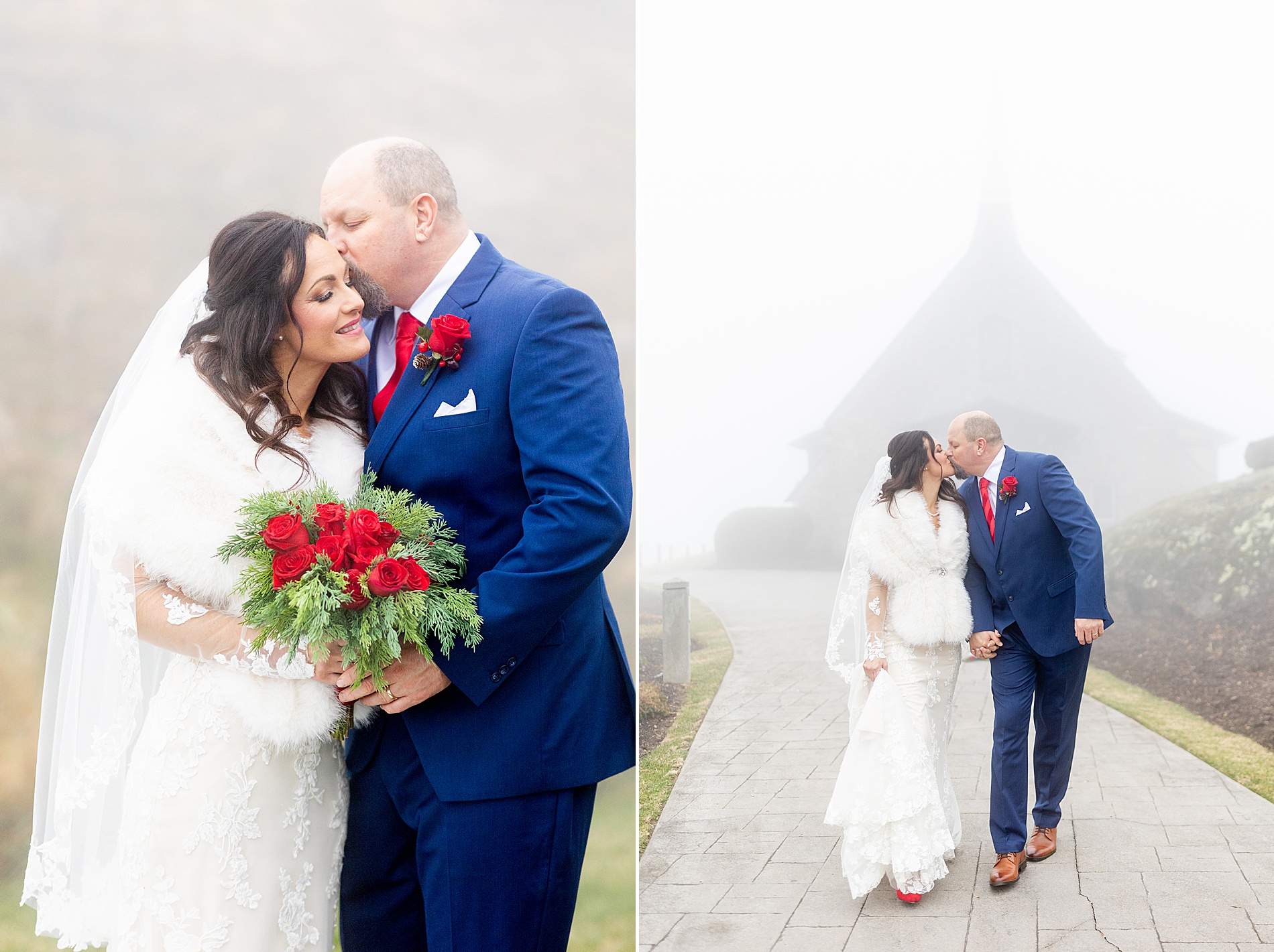bride and groom kiss outside The Cliffs at Glassy during winter wedding 