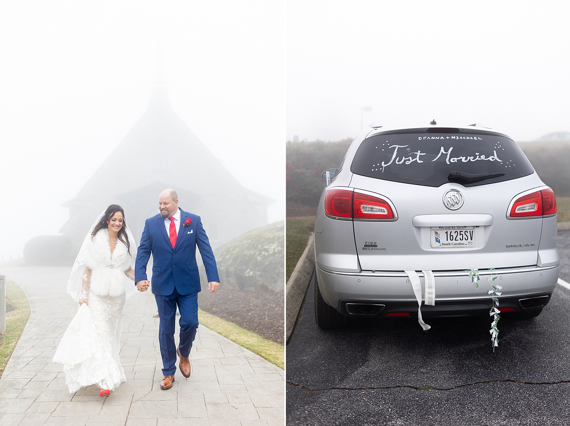 newlyweds walk to car 